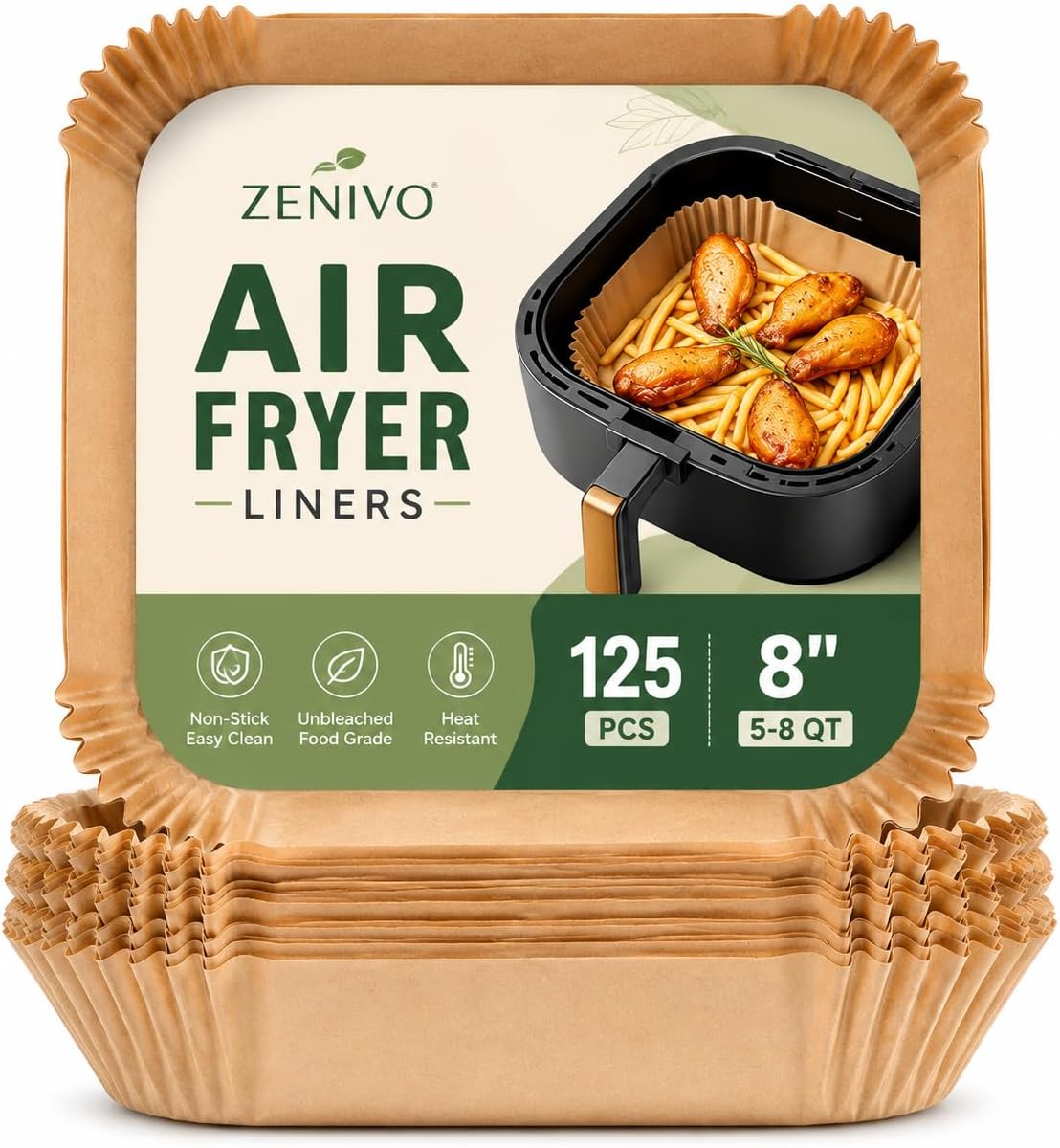 Air Fryer Liners 125 PCS, 8 Inch Square Disposable Parchment Paper for 5-8 QT Air Fryers, Nonstick, Unbleached Food Grade Baking Paper, Oil & Water Resistant, Heat Resistant to 450°F