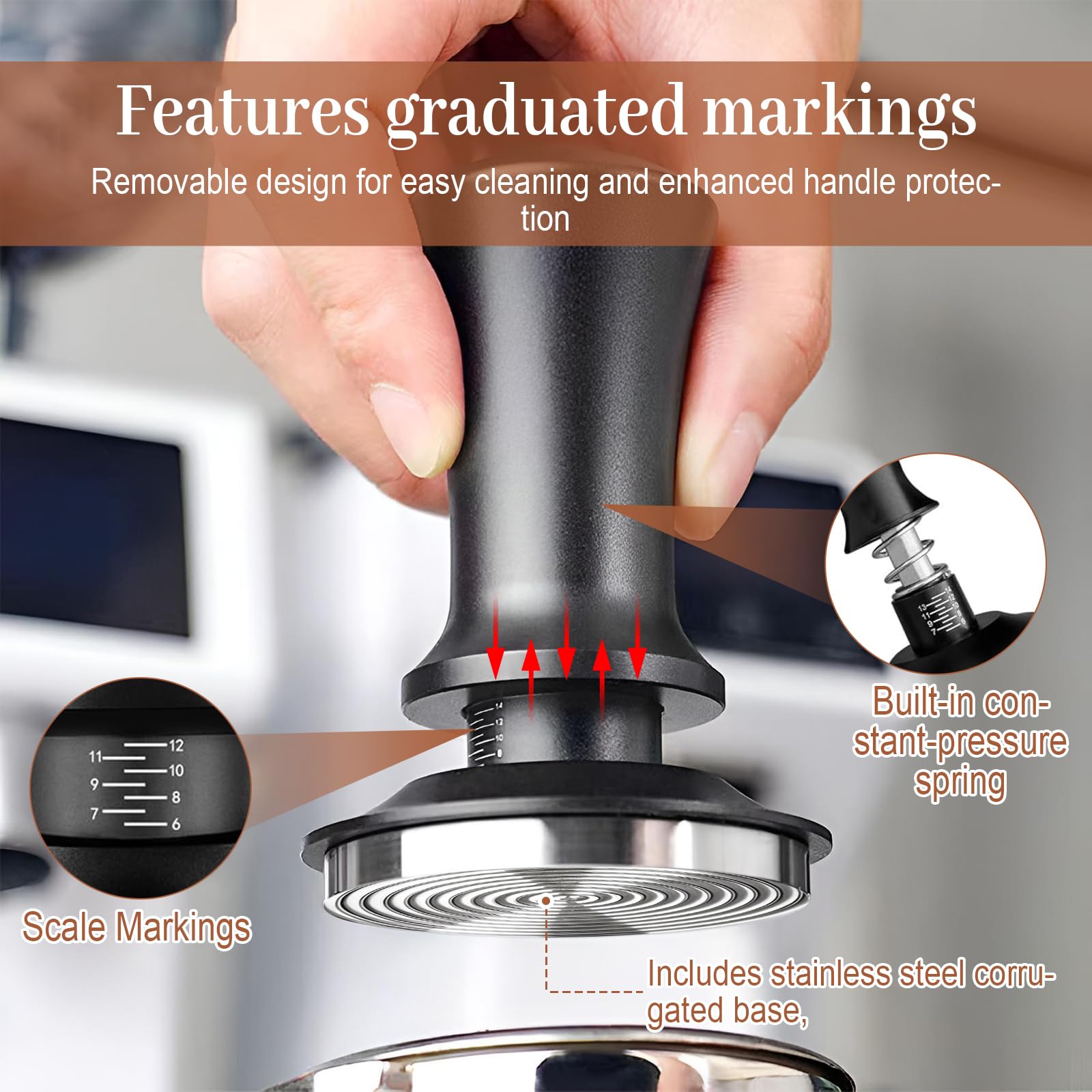 Tamper de café de 51 mm con herramienta WDT, juego profesional para portafiltros, incluye prensador de fondo estriado, herramienta WDT de 12 agujas (0,4 mm), anillo dosificador magnético y