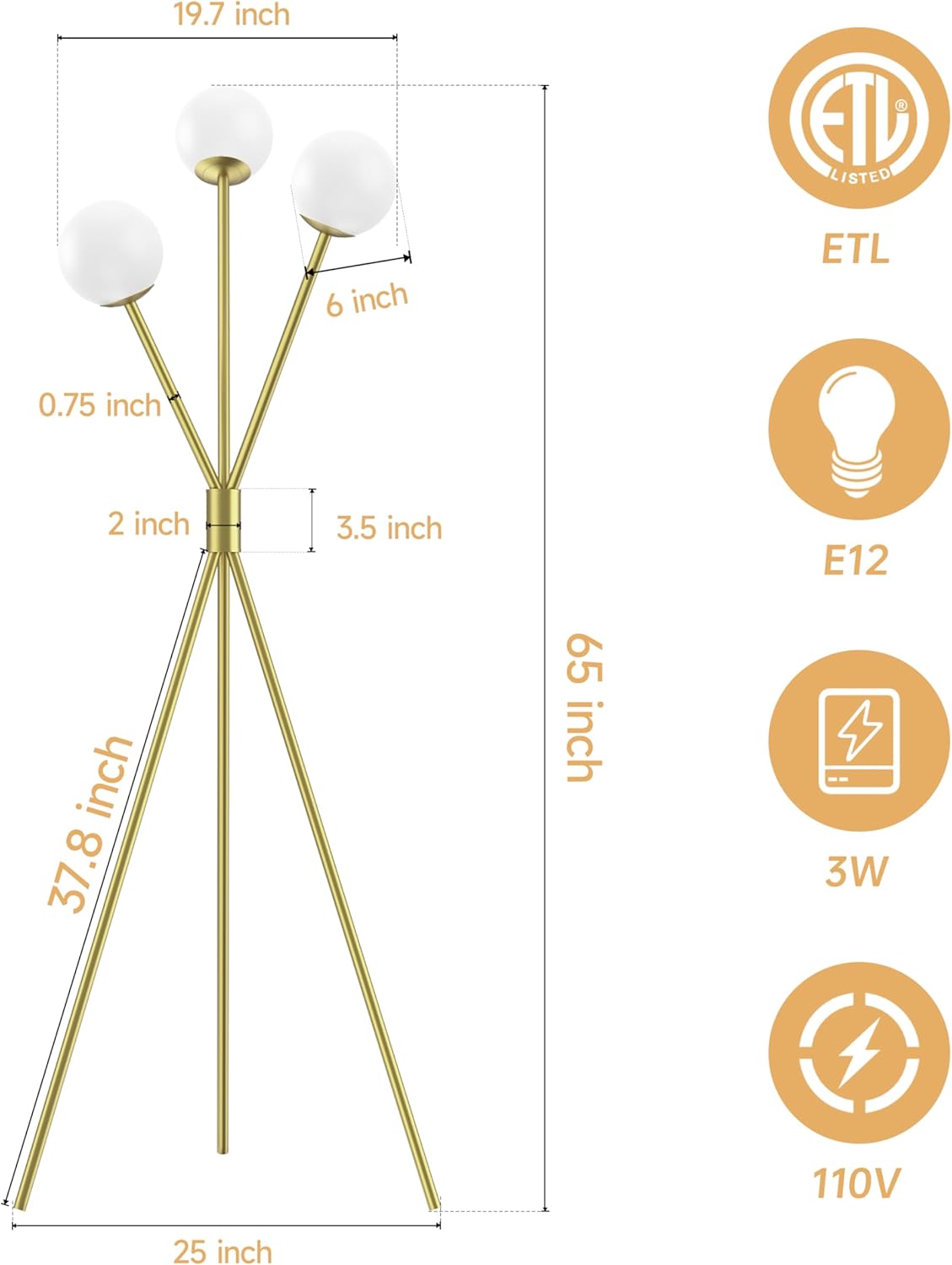 Maxax 65” Brass Gold Floor Lamp for Living Room, 3 Lights Globe Mid Century Floor Lamp ModernTripod Reading Standing Lamp with White Glass Globe Shade for Bedrooms Office