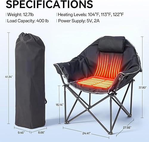 Miniatura 2 de Silla de Campamento con Calefacción de Gran Tamaño, Silla Plegable con Calefacción para Exteriores con Calefacción en Respaldo y Asiento, Soporte