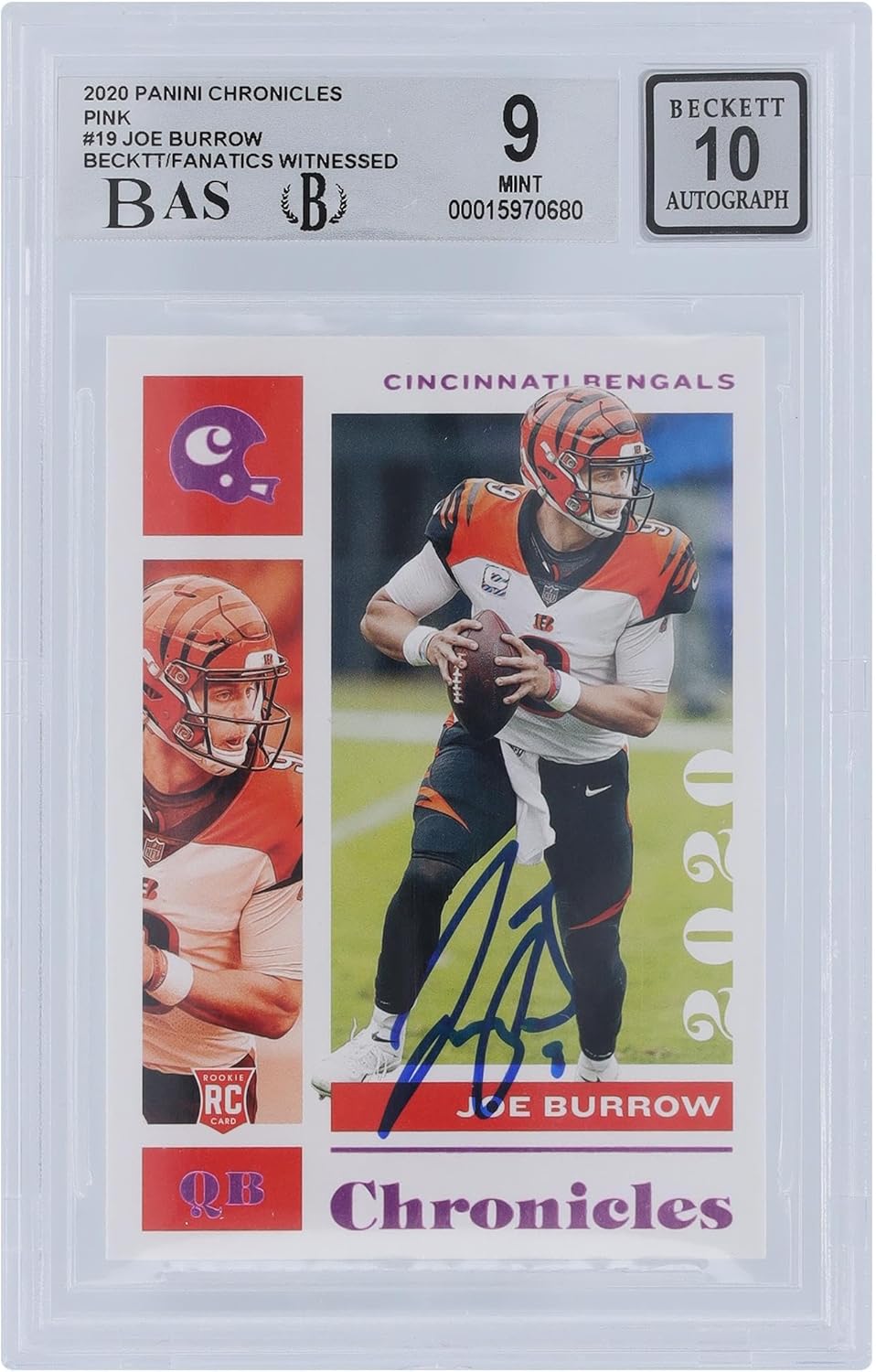 Joe Burrow Cincinnati Bengals Autographed 2020 Panini Chronicles Pink #19 Beckett Fanatics Witnessed Authenticated 9/10 Rookie Card - 9,9,9,9.5 Subgrades - Football Slabbed Autographed Rookie Cards