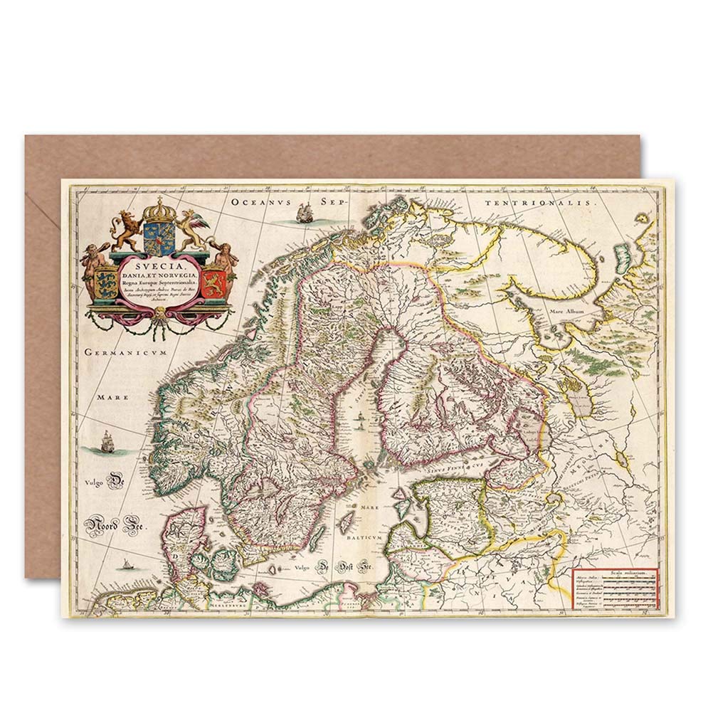 Wee Blue Coo MAP ANTIQUE SCANDINAVIA NORWAY SWEDEN FINLAND BLANK GREETINGS CARD