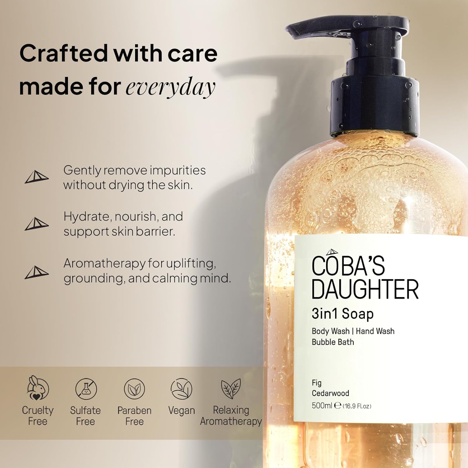 COBA'S DAUGHTER 3in1 Soap | Bubble Bath, Body Wash & Hand Wash | Aromatherapy-Infused with Fig & Cedarwood | Inulin & Seaweed Extract for Exfoliated, Balanced & Nourished Skin | 16.9 fl oz - Image 2