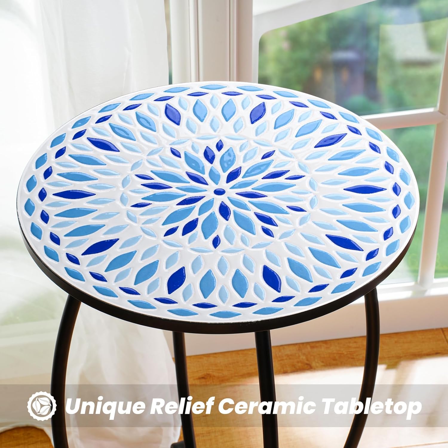 14" Outdoor Side Table, Scrollwork Accent Round End Table, Unique Relief Ceramic Tile Tabletop with Metal Frame, Coffee Tea Table Nightstand for Living Room, Bedroom