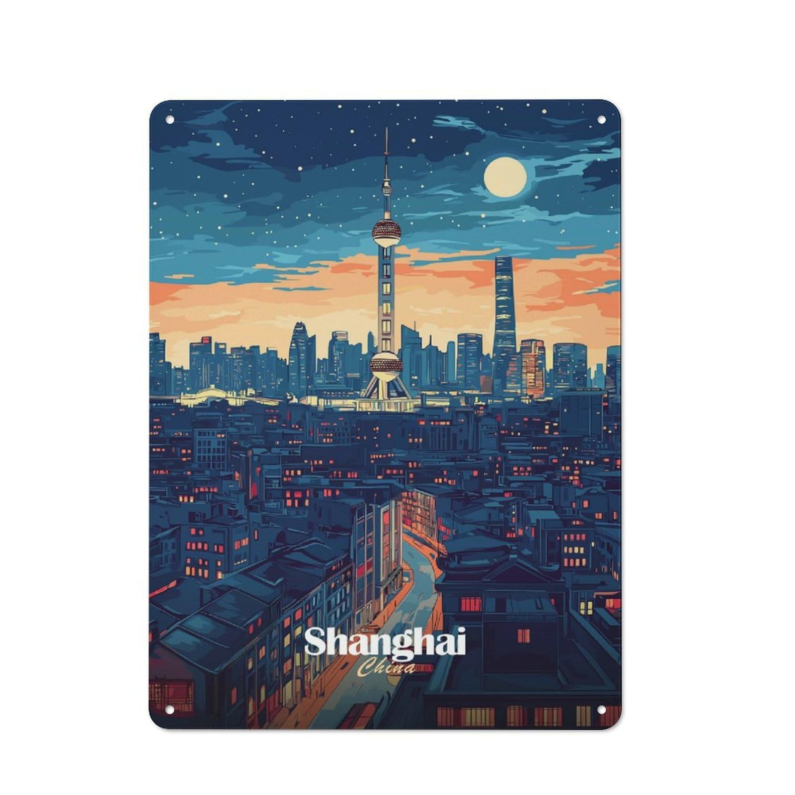 Junmoney Style-5 Shanghai Skyline Night Vintage-Inspired Tin Sign 40X30cm For Garage Or Workshop, For Vintage Wall Decor Fans, For Metal Sign Collectors