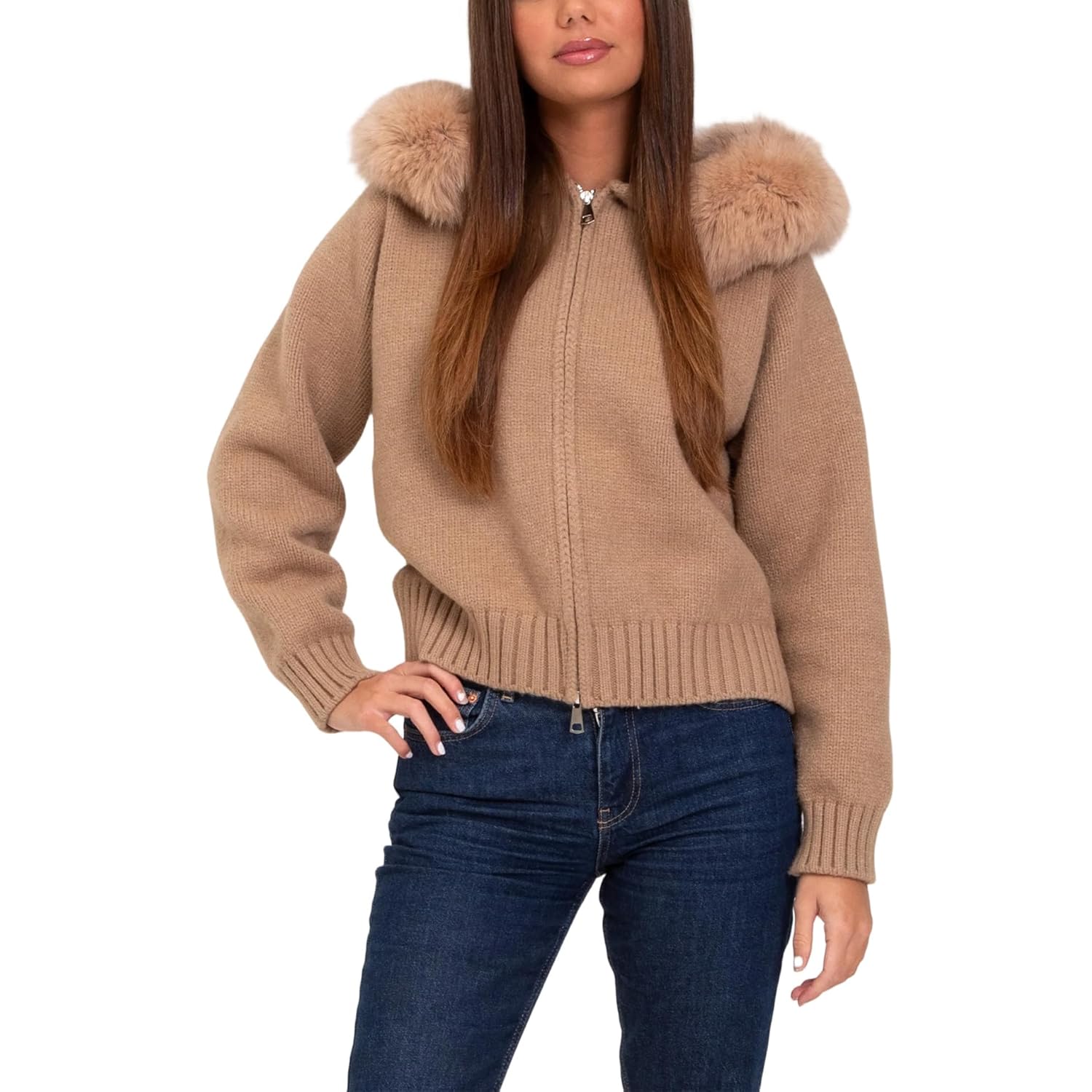 Women Faux Fur Trim Hood Zip Up Sweater Cardigan Fall Winter Crop Knit Coat Casual Trendy Open Front