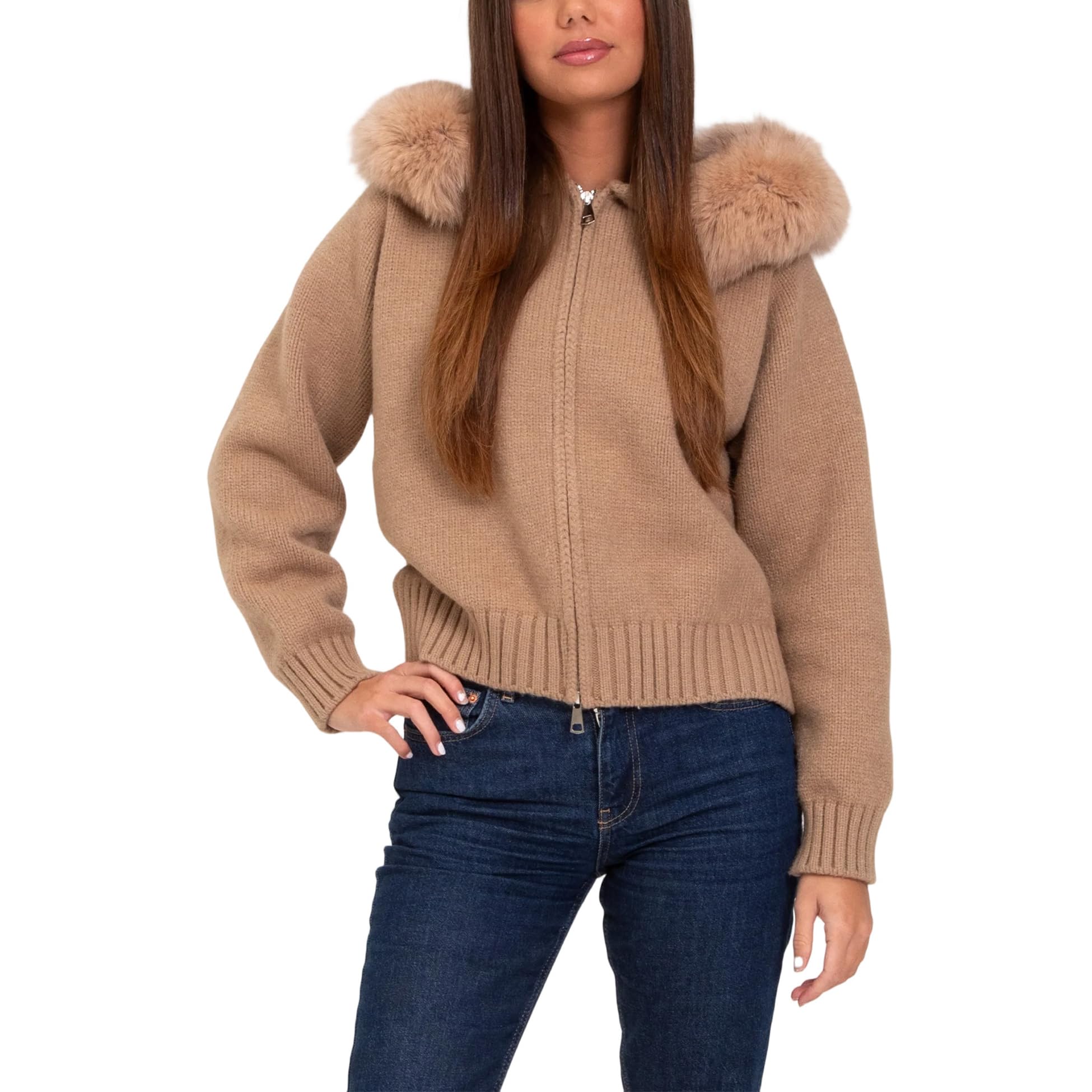 Women Faux Fur Trim Hood Zip Up Sweater Cardigan Fall Winter Crop Knit Coat Casual Trendy Open Front