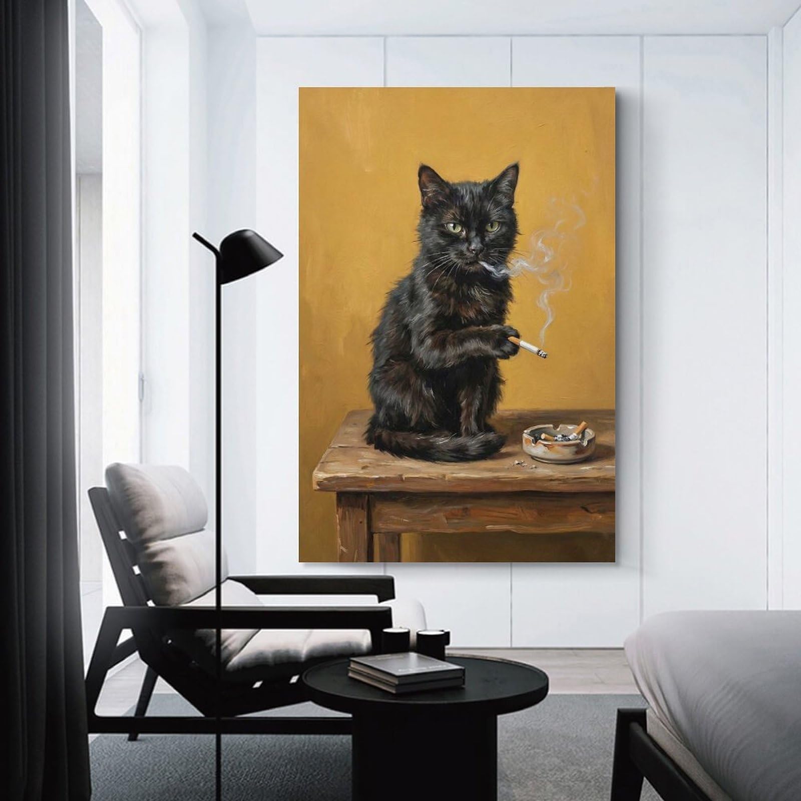 Junmoney Smoking Cat Painting Canvas Wall Decor, 24x36inch(60x90cm), for Office, Study Or Home Workspace, Wall Art That Adds Style to Work Areas