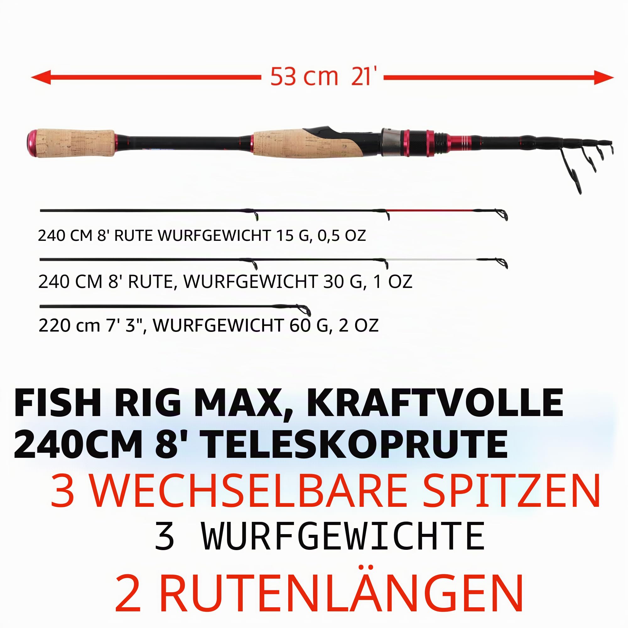 Rigged and Ready Fish Rig Super-Light Compact Travel Rods. 1 Spinning Multi-Section,2 Telescopic Rods,1 Combination, 3 Tips + Case. Bass, Trout, Carp, Fresh & Saltwater Fishing