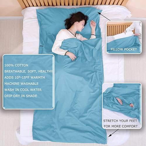 Miniatura 5 de Forro para saco de dormir 100% algodón con cremalleras completas, saco de dormir grande de 87 x 43 pulgadas para adultos para viajes y campamentos,