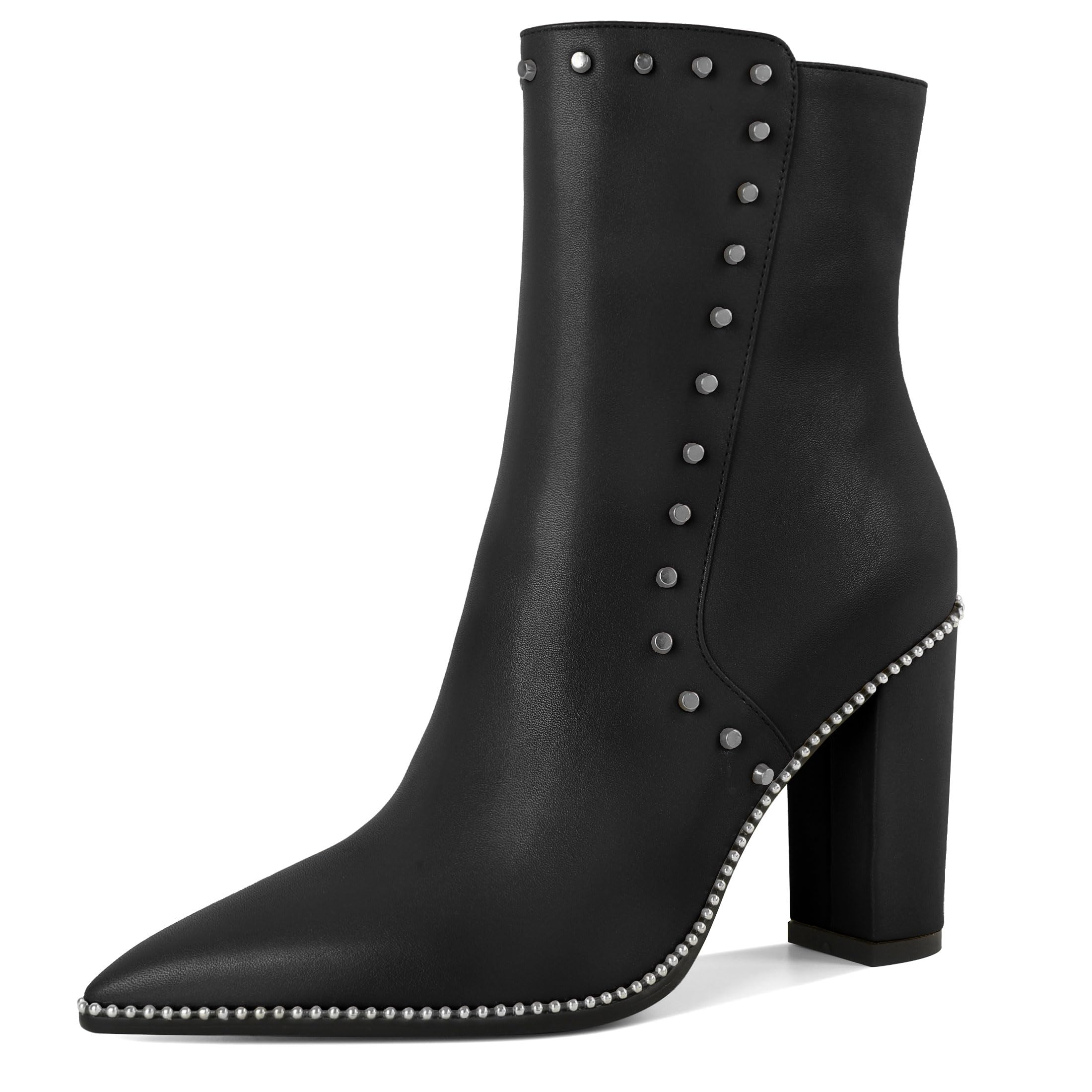 YODEKS Womens Ankle Booties 3 7 Inch Heel Chunky Boots Rivet Beaded Studded Pointed Toe Side Zipper Boots
