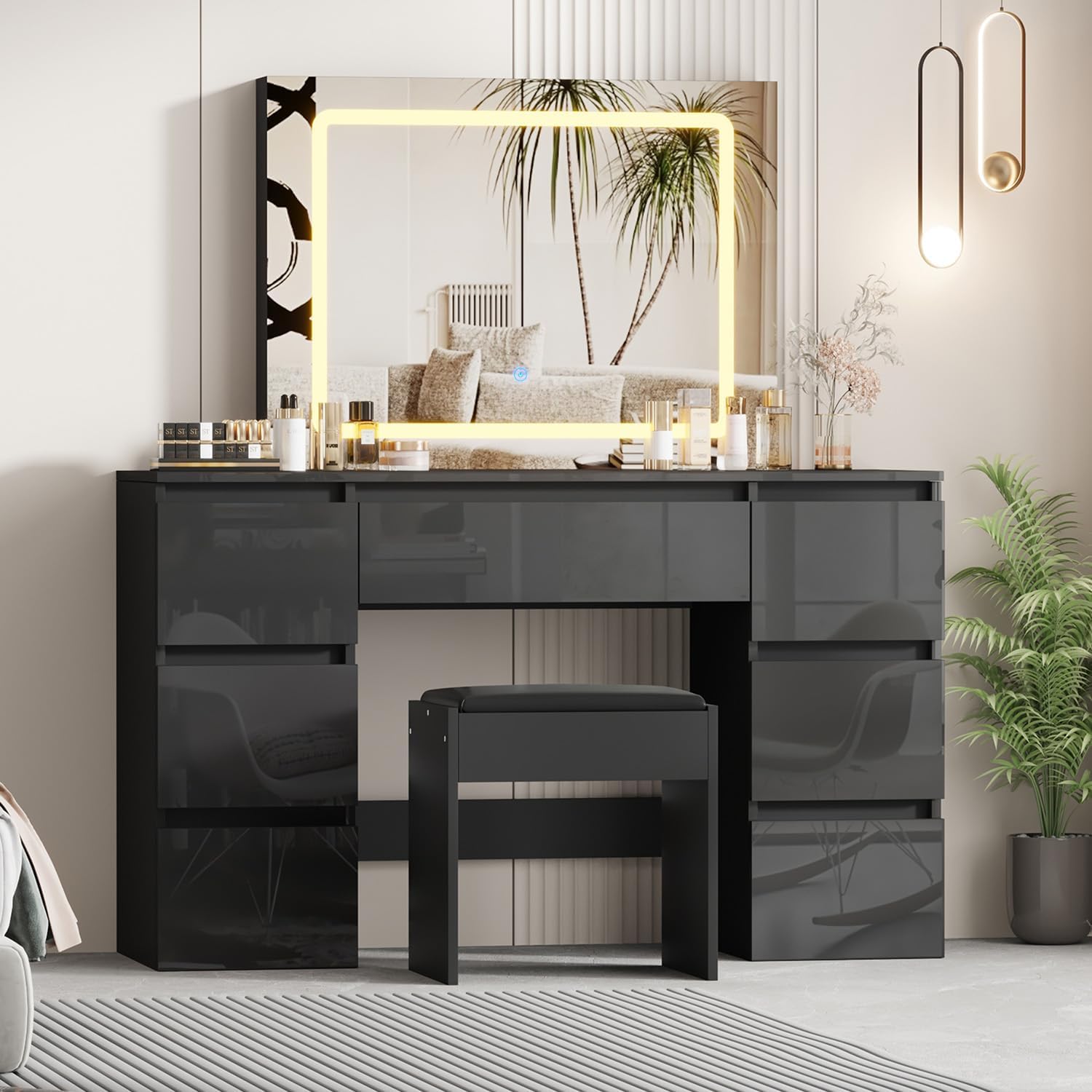 LSLIFE Schminktisch mit Spiegel und Hocker Weißer Schminktisch mit LED-Beleuchtung 7 Schubladen Hochglanz Make-up Schreibtisch Schlafzimmer Ideal für Mädchen und Frauen Schlafzimmer Möbel (Schwarz)