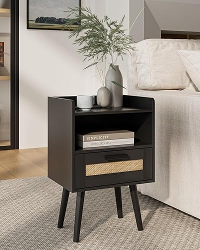 Miniatura 3 de Mesita de noche, mesita de noche con cajón de decoración de ratán de polietileno, mesita de noche de ratán con patas de madera maciza, mesa auxiliar