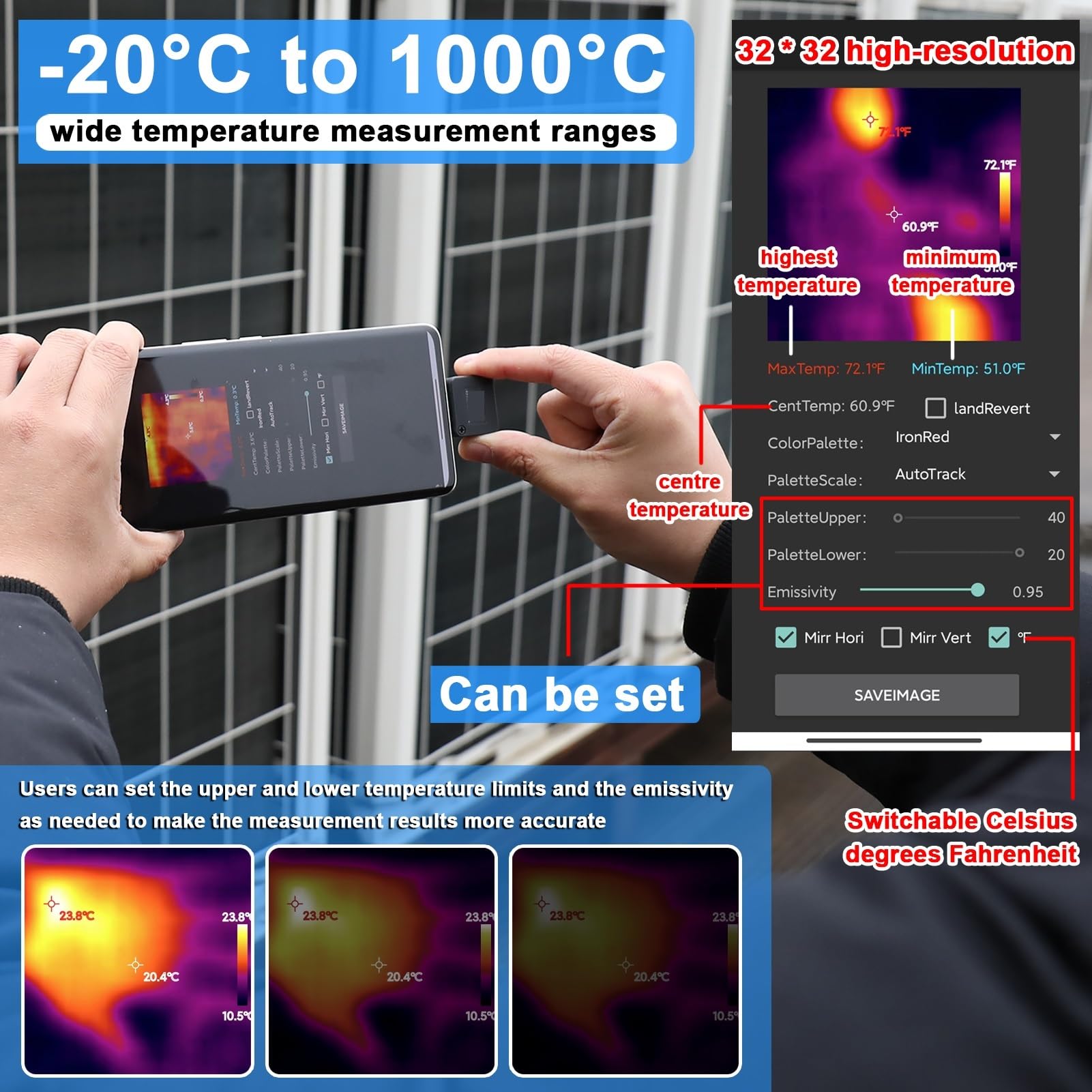 Kamera termowizyjna do telefonu komórkowego -20 ℃ -1000 ℃ Przenośna kamera termowizyjna Rozdzielczość 32 * 32