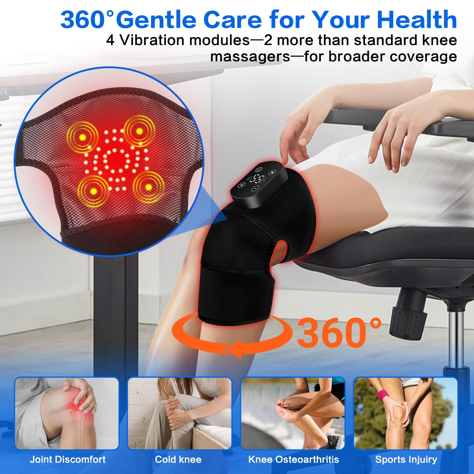 Knie-Massagegerät 3-in-1, Kabellos mit Infrarot-Heizung (40-60°C, 5 Stufen), 3 Massagemodi, 5000mAh Akku, LCD-Touch & Auto-Abschaltung, für Knie, Ellbogen & Schultern