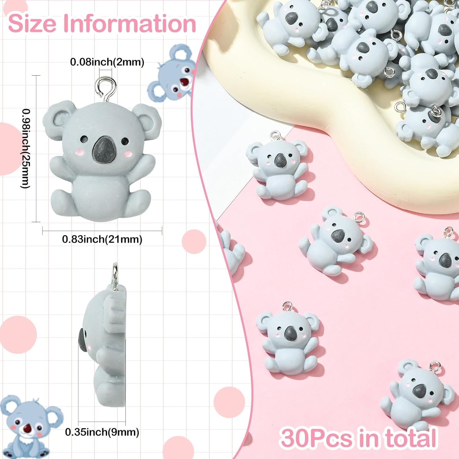 KitBeads 30pcs Resin Koala Charms - Grey Flatback Cartoon Animal Charms for Jewelry Making Earrings Bulk - Image 2