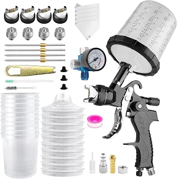 HVLP Spray Gun Kits with 10Pcs 650ML Disposable Paint Cups, 1.4/1.7/2.0/2.5mm Nozzles, Gravity Feed Automotive Paint Spray Gun Kit with Air Regulator for Cars, Furniture, Fence, DIY