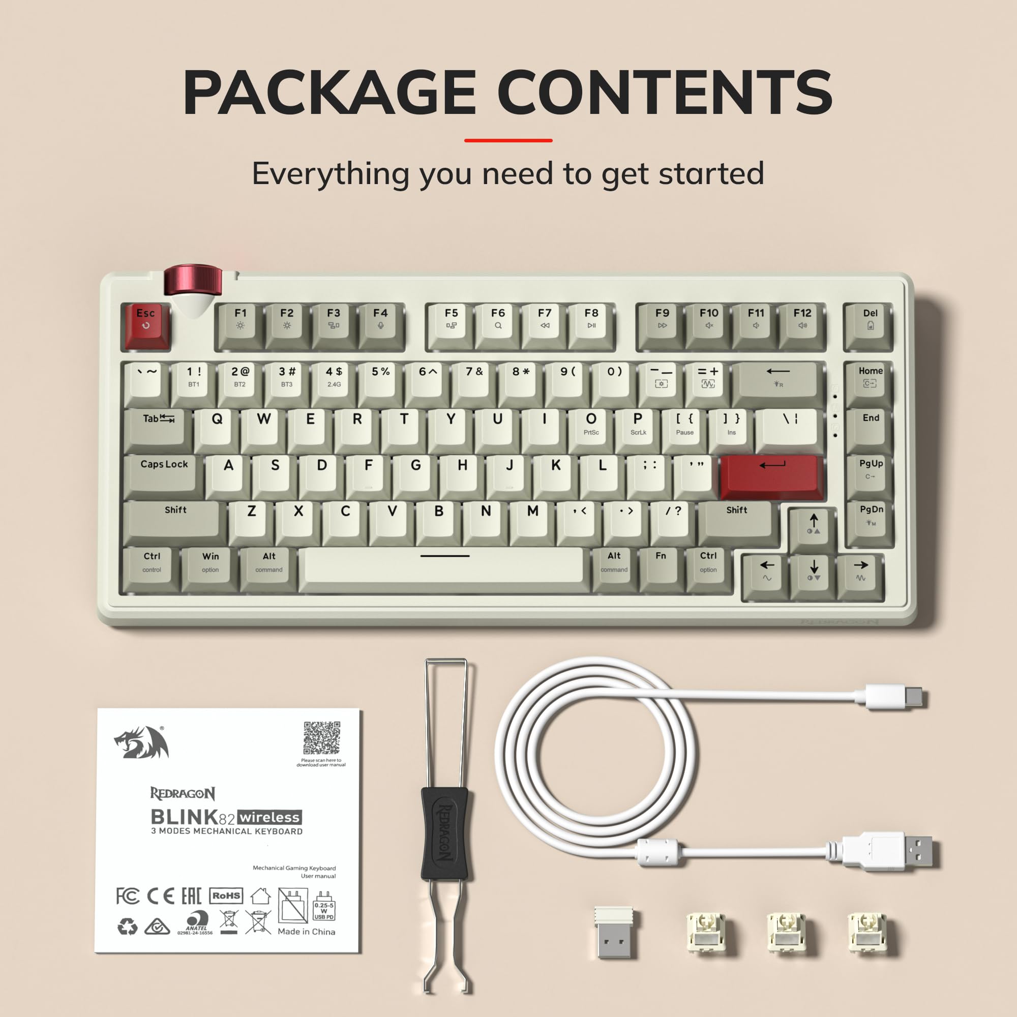 Redragon K777 - Tastiera meccanica da gioco wireless al 75%, sostituibile a caldo, con manopola, suono cremoso Thocky, tri-mode BT5.0/2,4 GHz/USB-C, North-Facing RGB, per PC e Mac (grigio e beige)