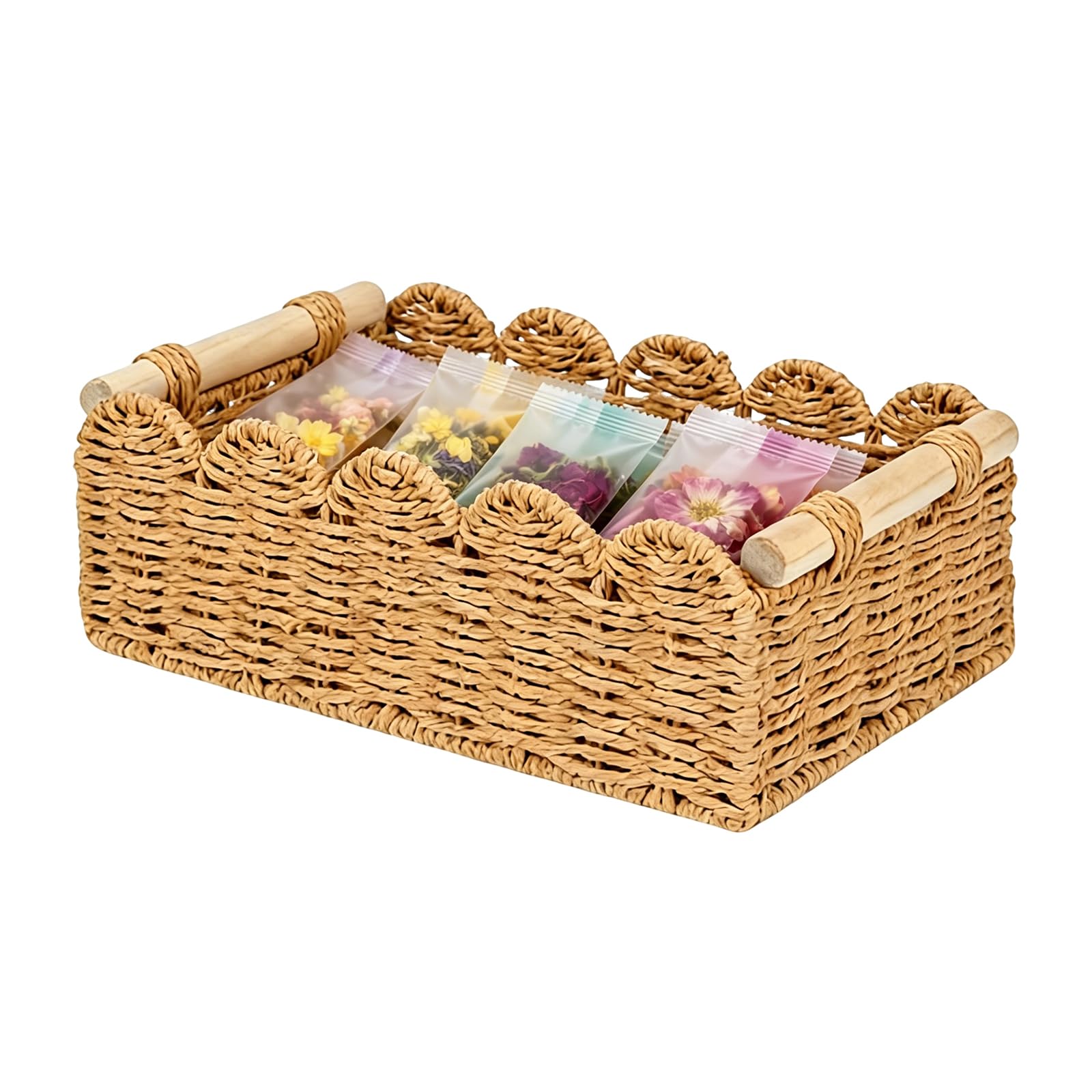 Wicker Storage Baskets, Woven Organizer Bins with Wooden Handles, Rope Scalloped Edge Toilet Paper Storage Basket for Bathroom, Shelf,Kitchen,Office,Home Decor (Beige)