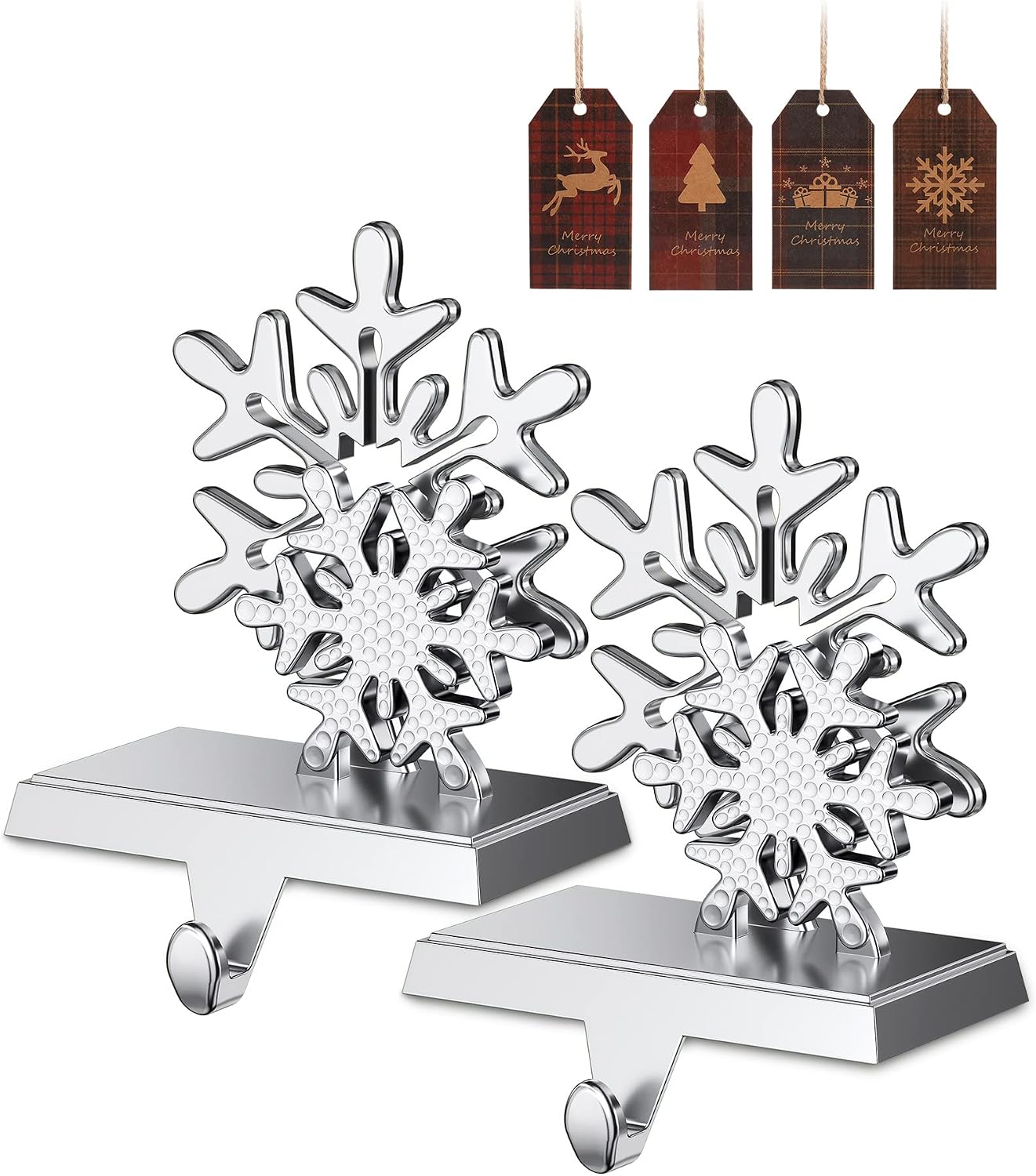 Jetika Christmas Stocking Holders for Mantle Set of 2, Snowflake Stocking Hanger for Mantel Weighted Heavy Metal Stocking Hook Stand for Fireplace Christmas Decorations Indoor Holiday Decor Gifts
