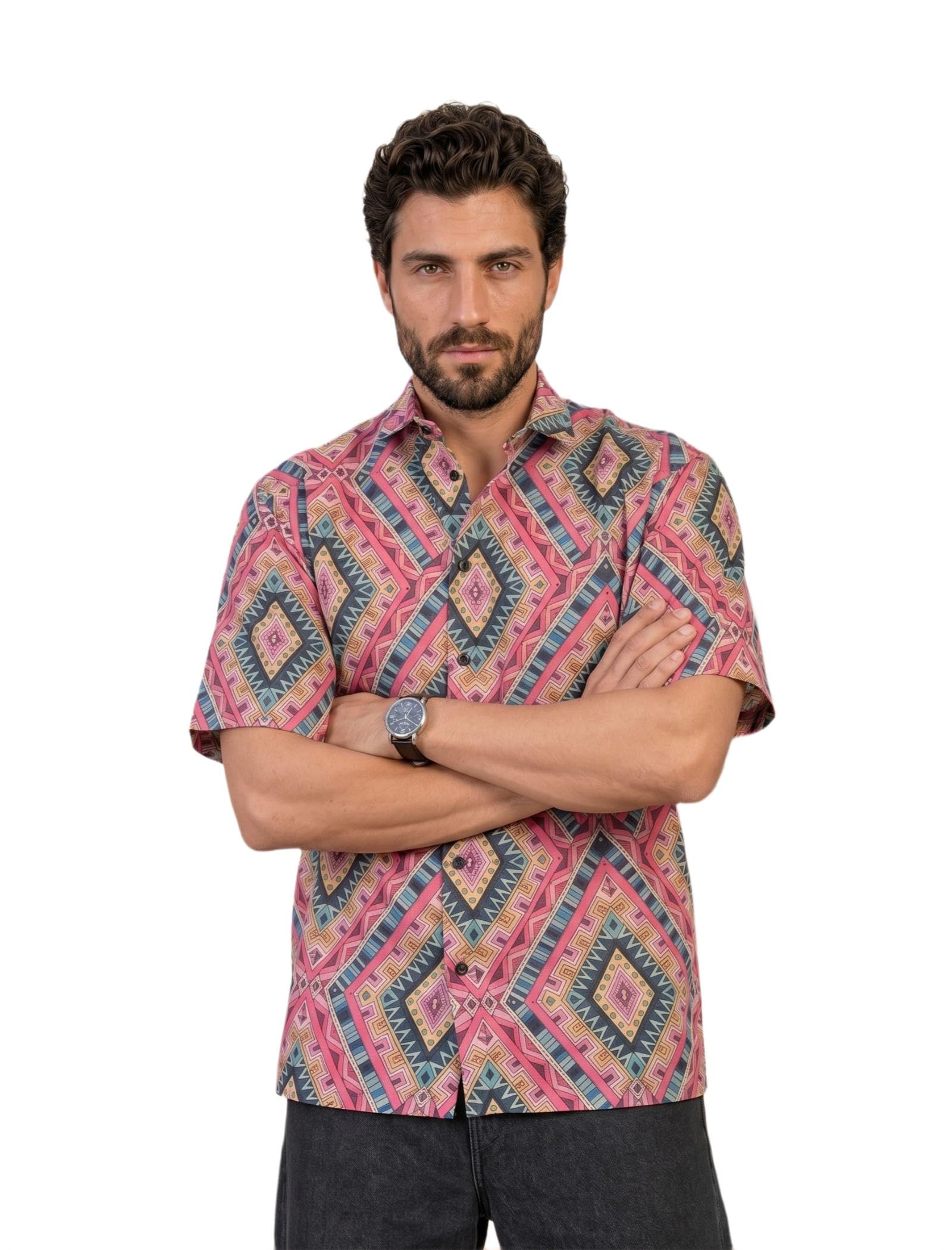 BROWN CULTURE Camicia da uomo con stampa in misto cotone, collo alto, mezza manica, orlo dritto oversize, lunghezza e chiusura con bottoni, camicia formale da uomo