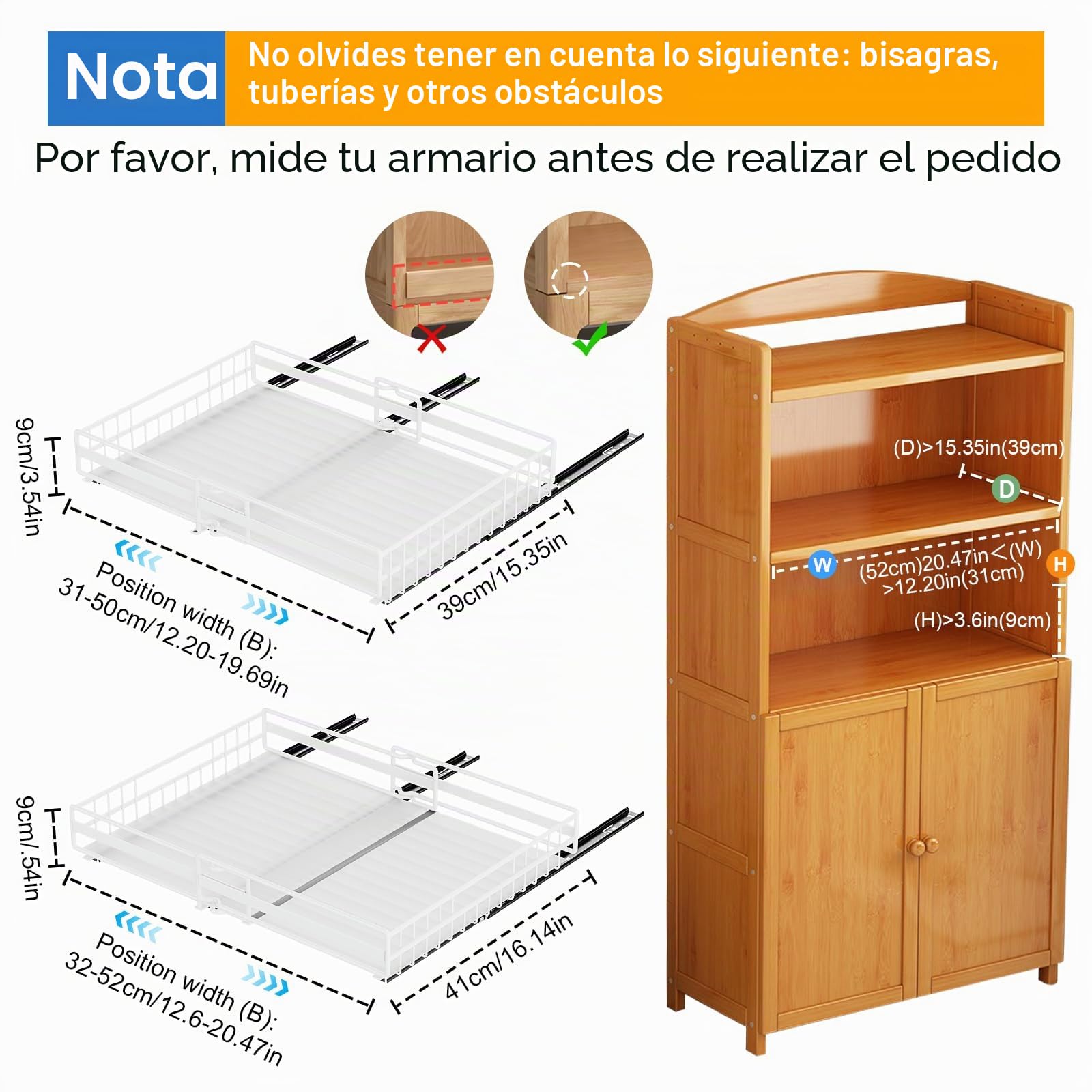 2 Piezas Cajón Telescópico Cajones Extraibles Armario Cocina Cajón Deslizante Para Alacena Cajón de Cocina Extensible Organizador de Cajones Ancho Ajustable 31-50cm/32-52cm, Sin Taladrar