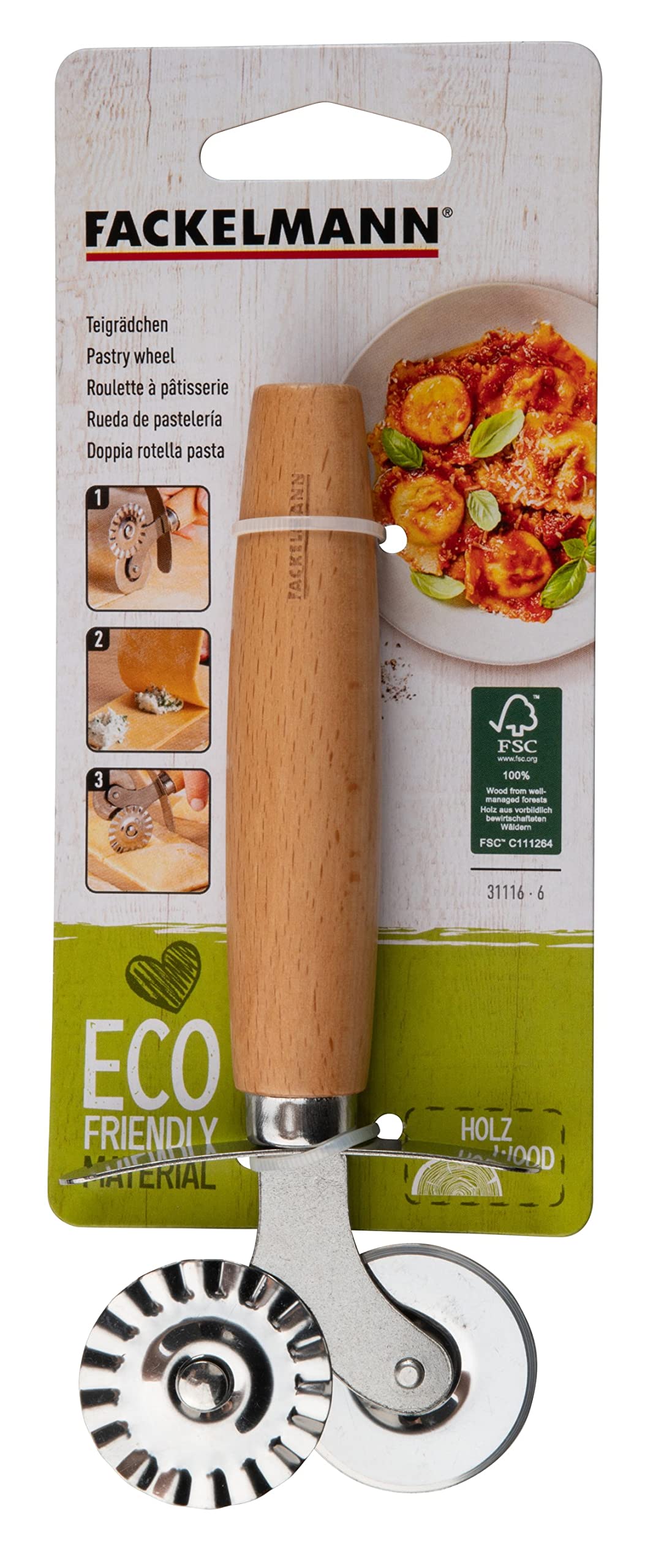 Roulette à Pâtisserie Fackelmann Double Embout - Acier Inoxydable, Bois, 16cm Pour Pâtes Et Ravioli