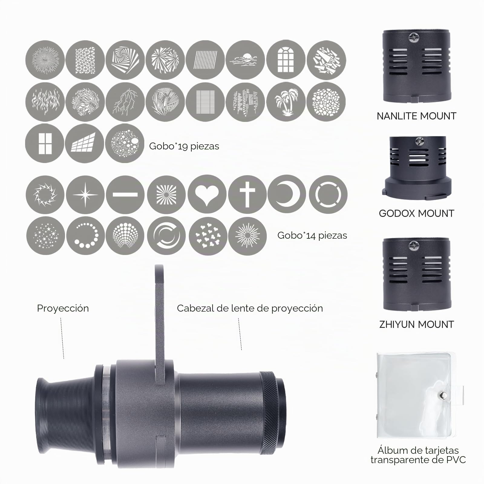 Mini accesorios ópticos Snoot Gobos, forma de foco compatible con GodoxA ML100BI, ML100R, Nanlitee FC-60B, FC-120B ZY Molus X100, CX100 con 33 Gobos.