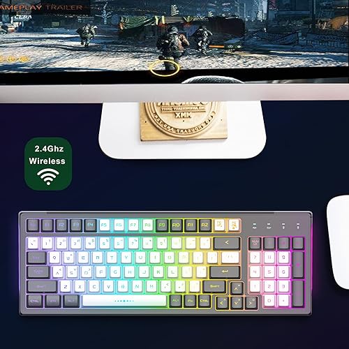Miniatura 8 de CK98 Combo de teclado y mouse inalámbricos para juegos, teclado RGB gris recargable para juegos, retroiluminación RGB, 98 teclas, sensación