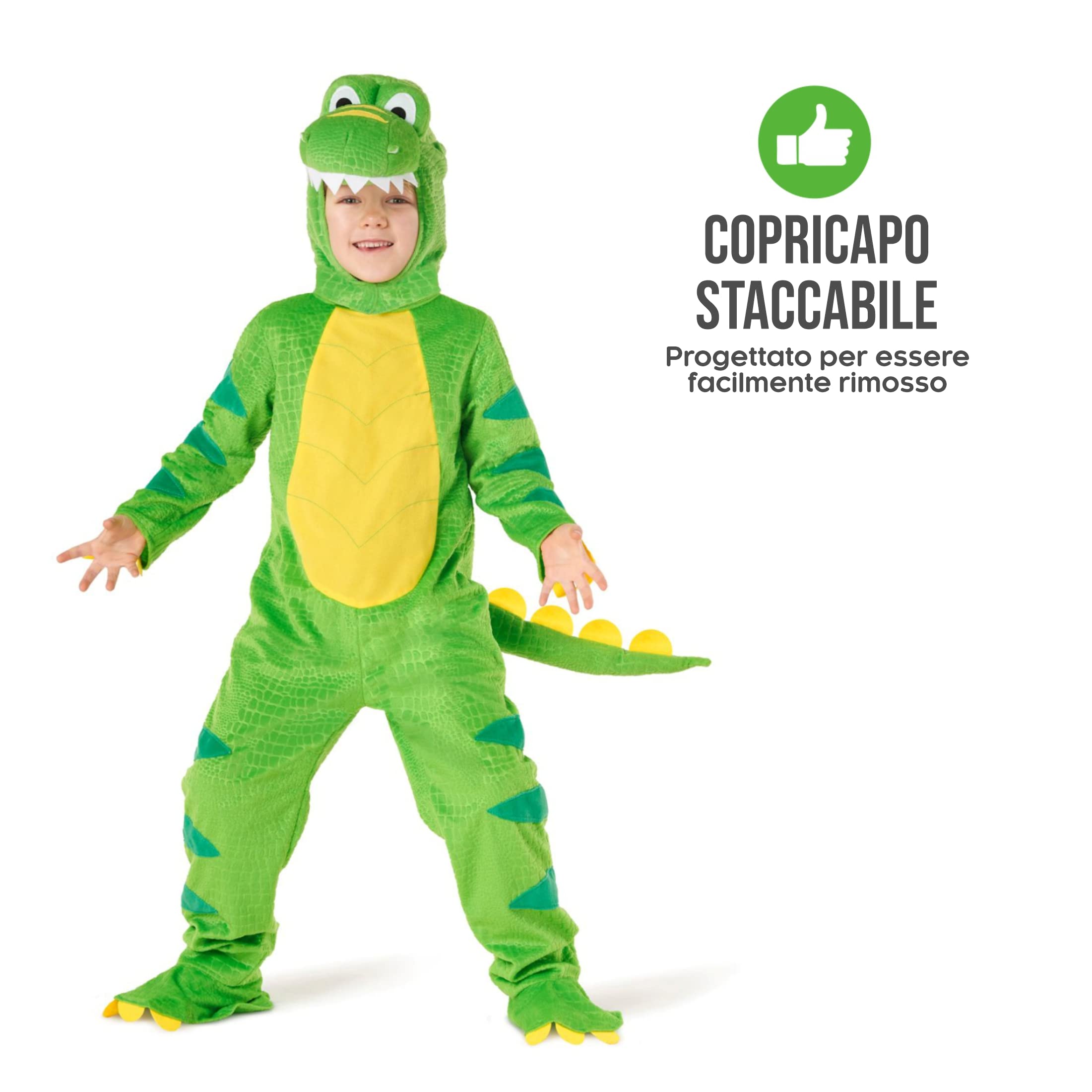 Morph Costume Dinosauro Bambino, Costume Halloween Bambino | Tuta a Forma di Dinosauro & Copricapo, Design Verde Preistorico, Perfetto per Halloween, Ideale per il Gioco di Ruolo