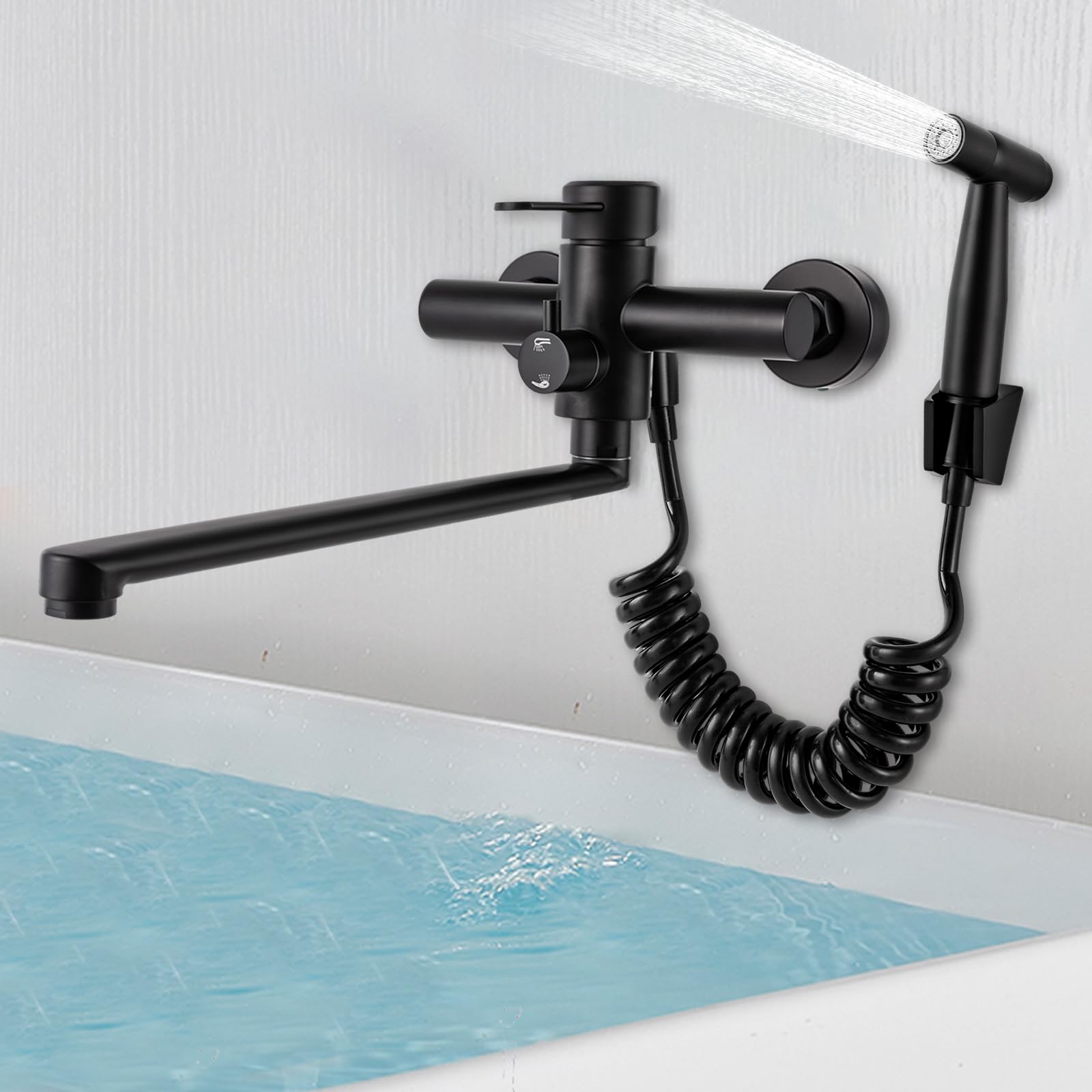 Grifo Monomando Pared con Pistola Pulverizadora para Cocina, Montaje en Pared, Acero Inoxidable Cepillado, Grifo Fregadero Giratorio 360°, Tubo Giratorio de 35 cm
