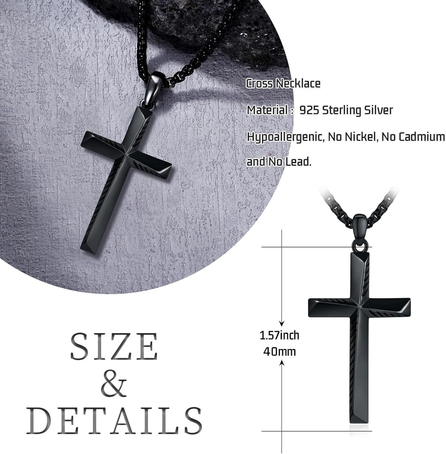 Black Cross Necklace for Men 925 Sterling Silver Cross Pendant Necklace Cross Jewelry Gifts for Men Women - Image 7