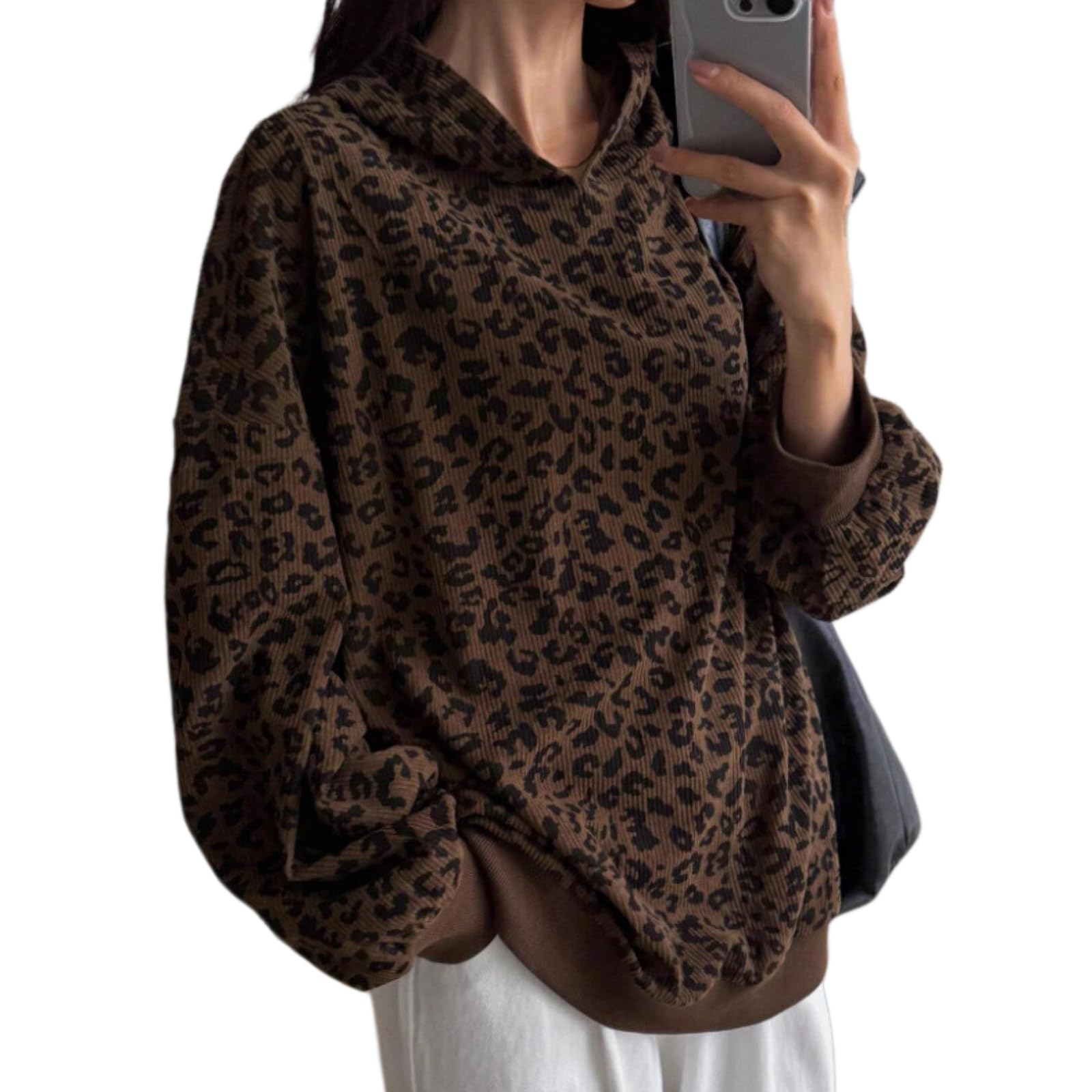 Generisch Damska bluza z kapturem ze wzorem w panterkę, oversize, luźna, z długim rękawem, prążkowana dzianina, okrągły dekolt