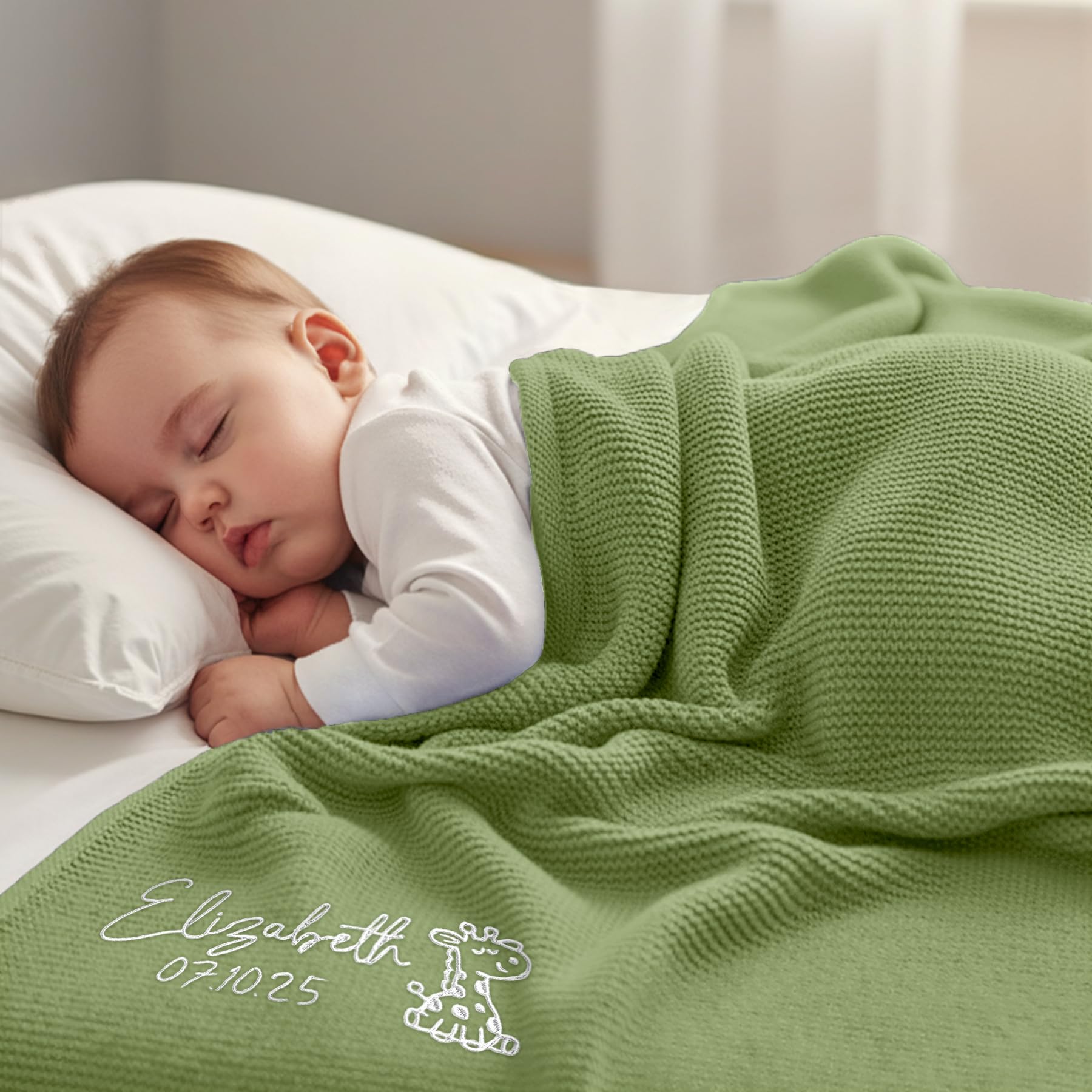 Personalisierte Gestrickte Neugeborene Decke, Babydecke mit Namen und Geburtsdatum für Jungen Mädchen 80x100cm, Maßgeschneidertes Geschenk für Babyparty & Baby Erstes Weihnachten (Grüne Bohne)