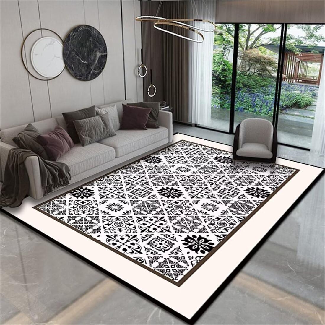 Tapis d'entrée rectangulaire tissé à plat noir et blanc grand format 160x230