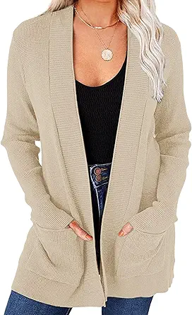 MEROKEETY Women's Open Front Waffle Knit Cardigan Long Sleeve Cozy Knit Sweaters with Pockets