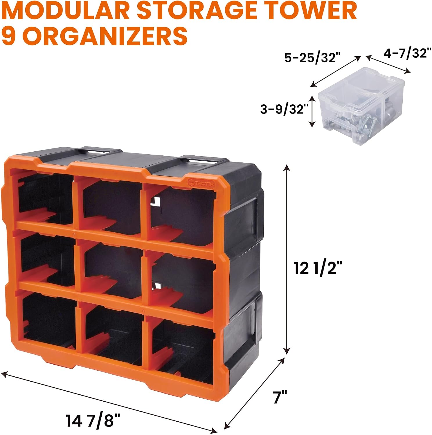 Tactix Modular Storage Tower Cabinet, Black & Orange, Polypropylene, 9 Drawers, Wall Mount, 12.5x6x14.9 Inches