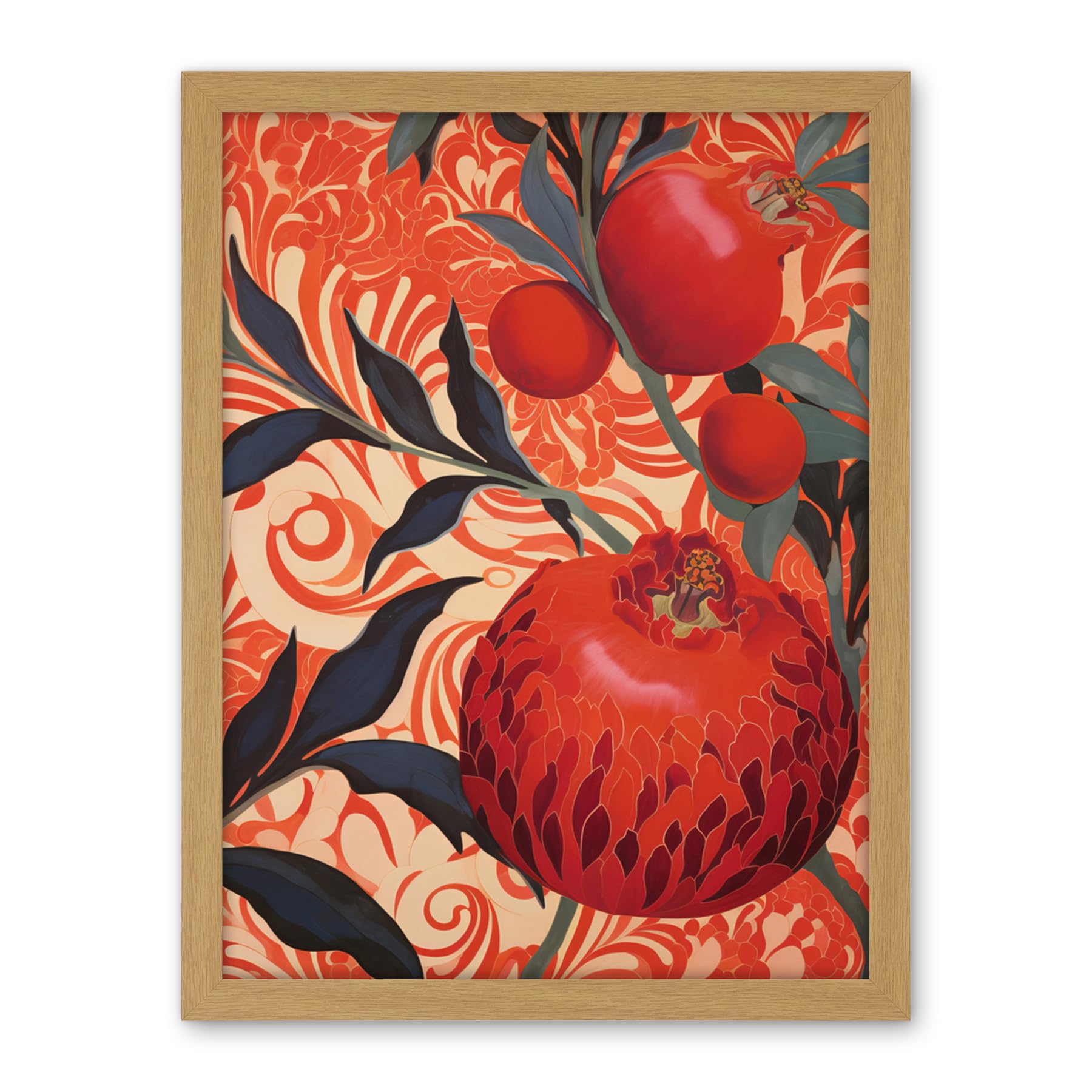 Artery8 Pomegranate Tree Grove Red and Blue Artwork Floral Patterns Artwork Framed Wall Art Print 18X24 Inch