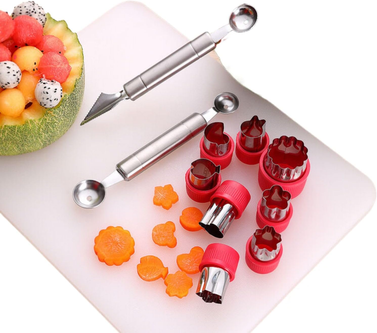 不锈钢水果挖球神器西瓜挖球勺子 Stainless Steel Long handled soup spoons，Spoons,Meal spoon 拼盘工具套装分割神器花式雕花刀模具 Household Cleaning，Kitchen Storage Essentials