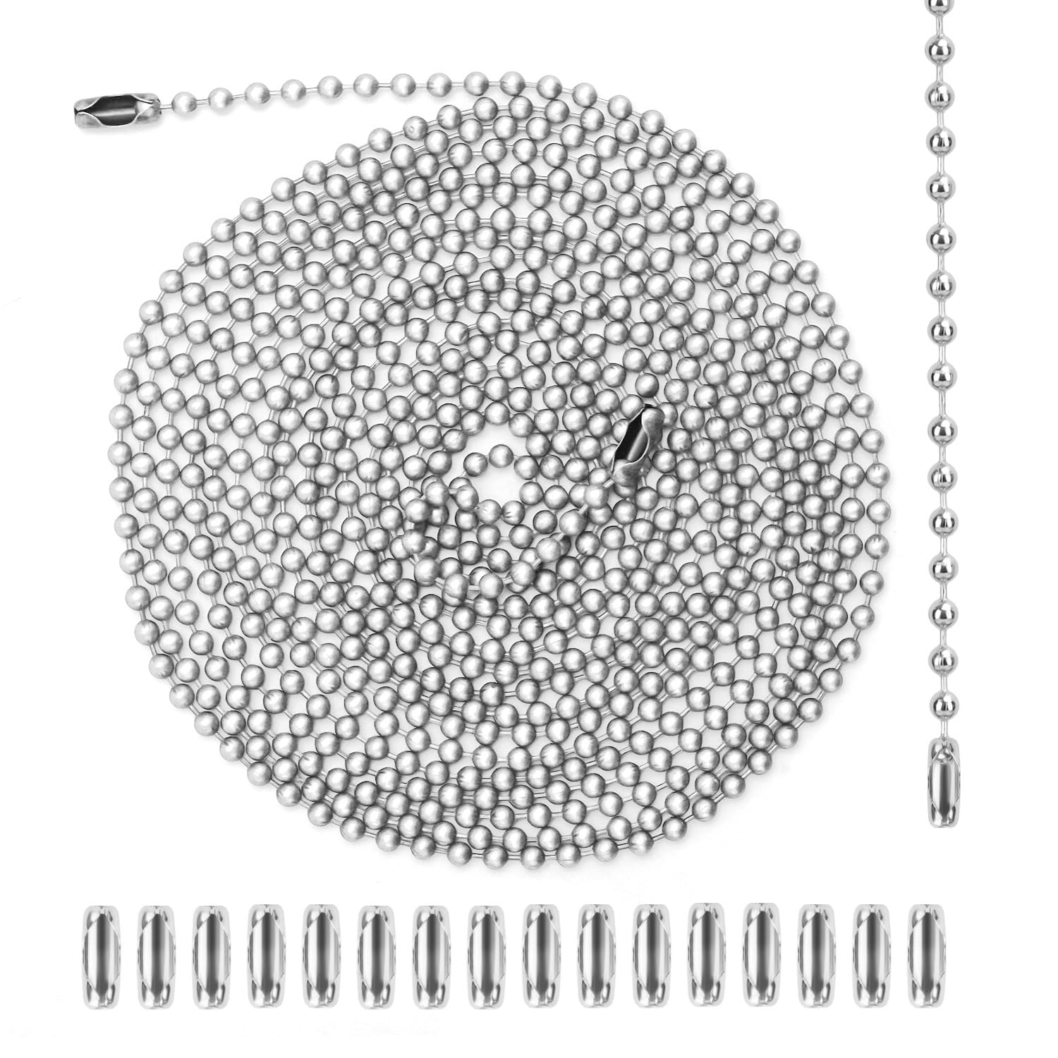 120 Inches Ceiling Fan Pull Chain, Metal Light Pull Chain Extension with 20 Connectors 3mm Bead Beaded Chain Cord Pulls Bathroom Light Fixture Switch Pull Chain DIY Crafts (Silver)