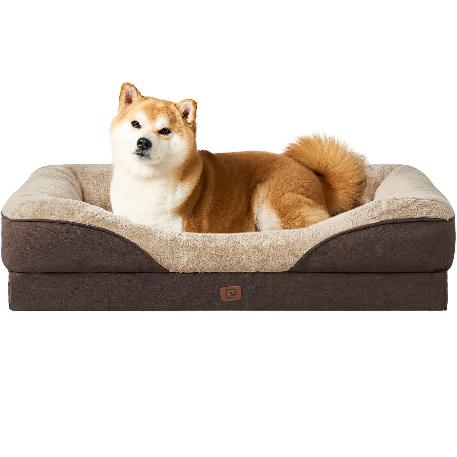 EHEYCIGA Memory Foam Cuccia Cane Interno Taglia Grande, Impermeabile Divano per Cani Sfoderabile e Lavabile, Letto per Cani con 4 Bordi Rialzati, Marrone, 91x68x17.5cm