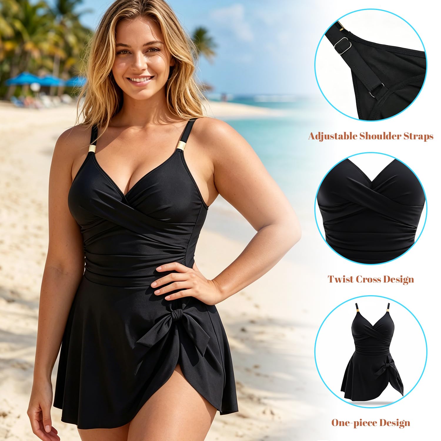 Vestido de baño de una Pieza para Mujer con Control de Abdomen y Falda — Traje de baño Adelgazante con Volantes, Estilo Modesto