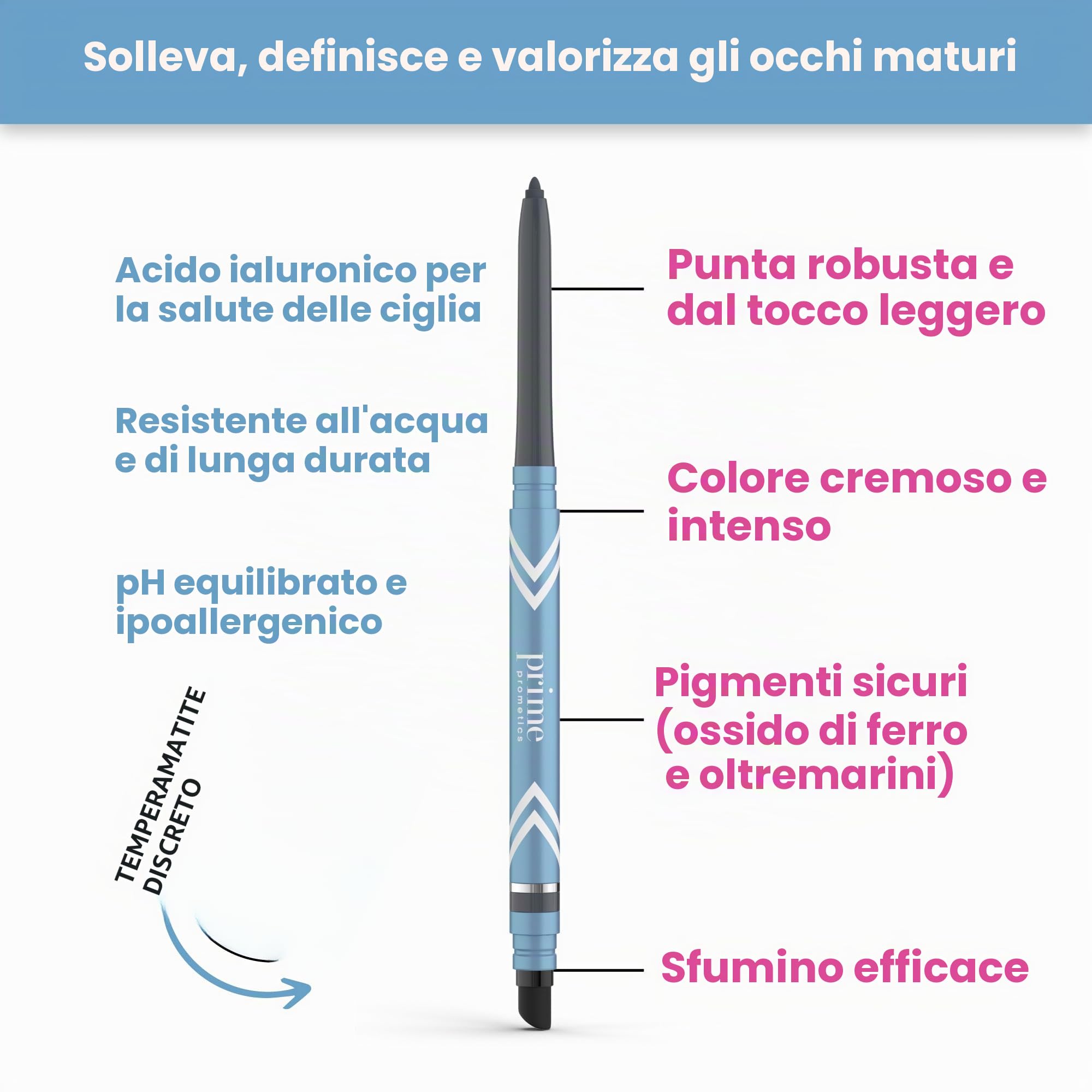 Prime Prometics PrimeEyes Glide Eyeliner per donne mature, impermeabile, a lunga durata e a prova di disordine, texture in crema gel, temperamatite discreto e efficace sfumatura (nero)