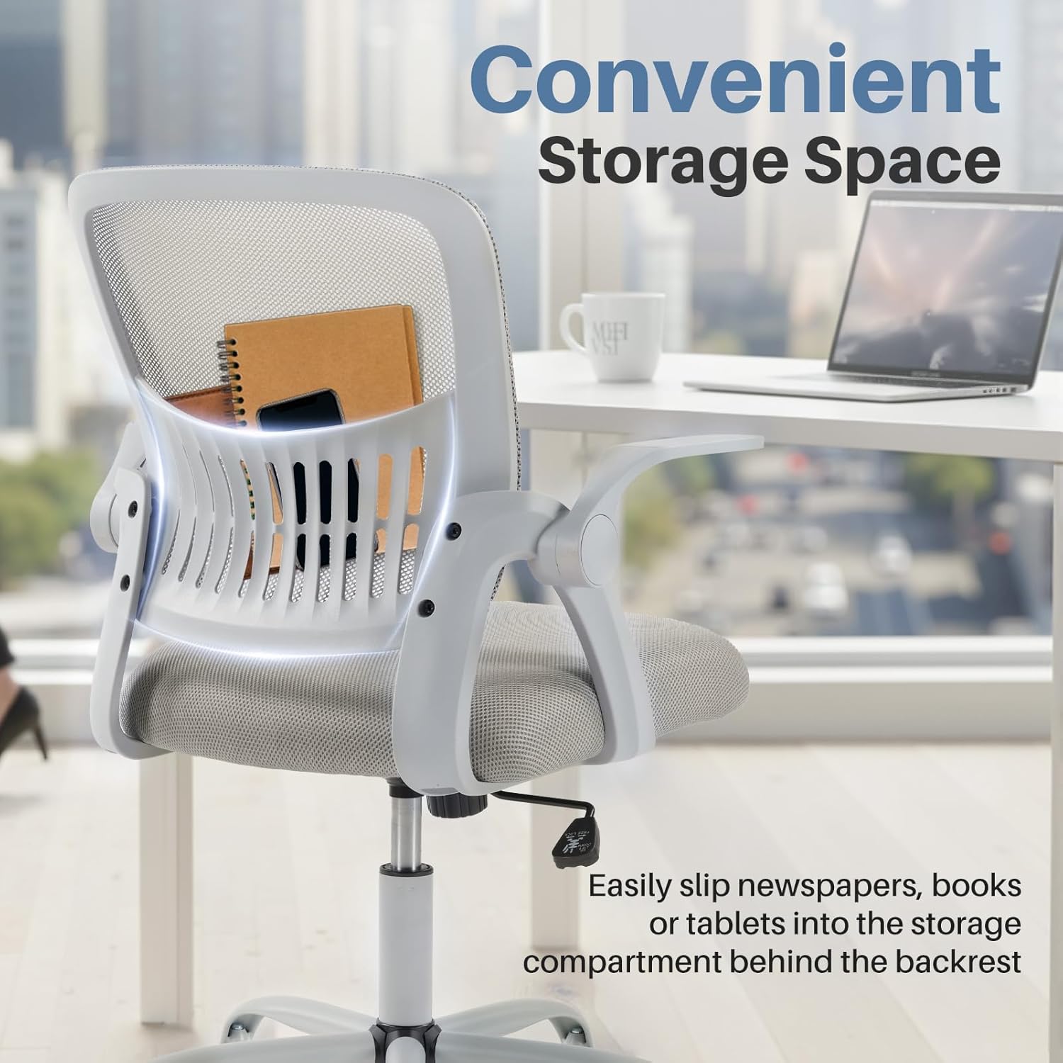 DUMOS Home Office Computer Chair - Ergonomic Mid Back Desk with Lumbar Support and Rocking Mode, Height Adjustable with Flip-up Armrest, for Conference Meeting Room, 360° Swivel, Adults, Grey - 7