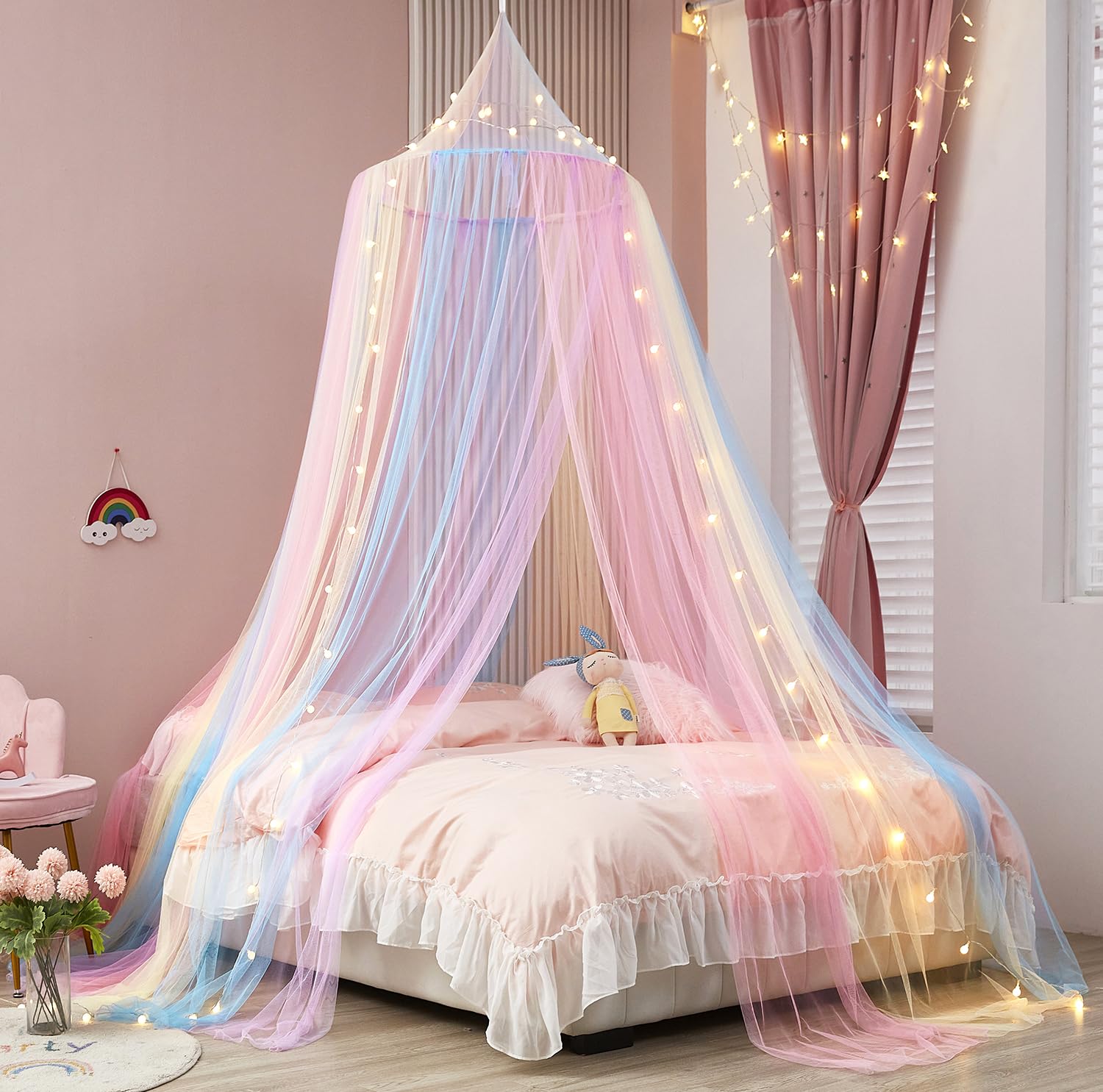 Rainbow Bed Canopy with Lights - Mosquito Netting for Twin, Single, Full, Queen, King Size Beds - Girls Room Decor - 63.5W x 248.9L cm (3 Panels) - Pink Style
