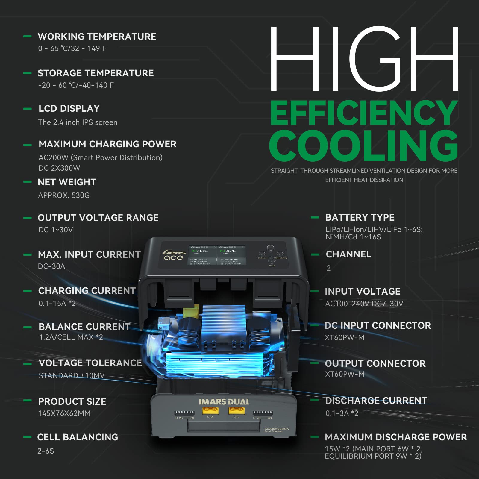 GensAce Ladegerät Imars Dual Channel AC200W/DC300Wx2 Balance Akkupack Ladegerät für Ninh/Lipo Akku (schwarz)