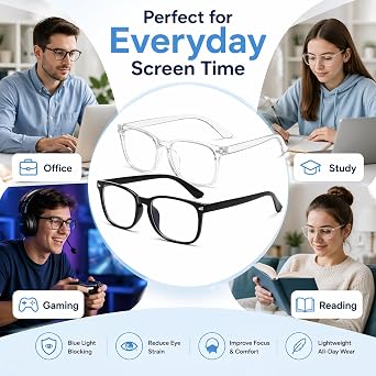 2 Pack Blue Light Blocking Glasses – Anti-Glare Eyewear for Screens | Lightweight PC Frames, Clear Lenses, Black And Transparent Styles, Unisex Fit, Work Study And Gaming Use