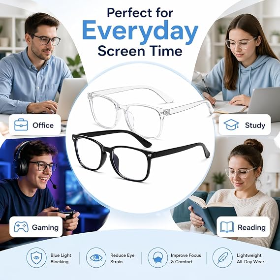 2 Pack Blue Light Blocking Glasses – Anti-Glare Eyewear for Screens | Lightweight PC Frames, Clear Lenses, Black And Transparent Styles, Unisex Fit, Work Study And Gaming Use