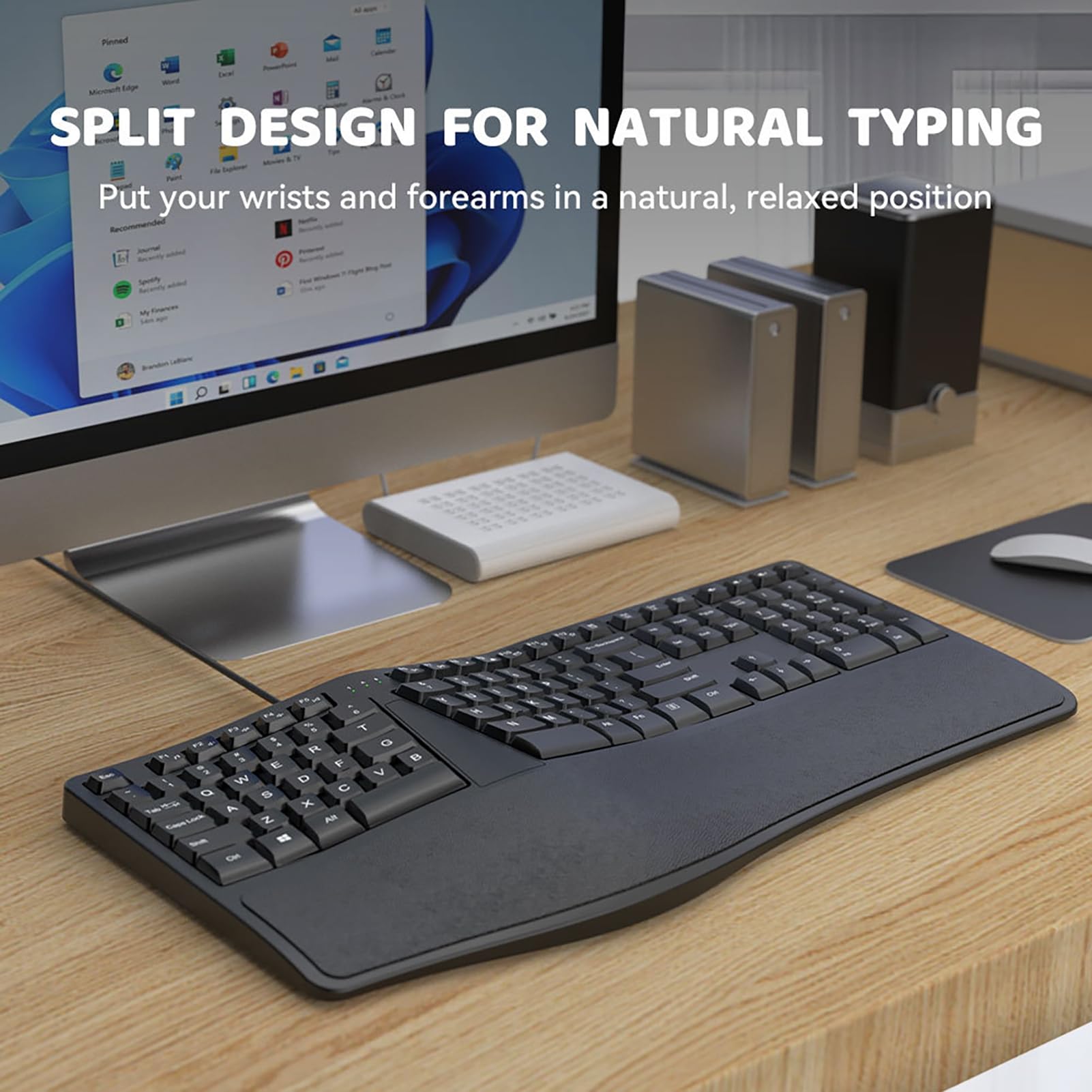Digitazione Comfort Tastiera Split Design Wired Naturale Ergonomico Full-size 110 Tasti Universale Plug-play Supporto Polso Ufficio Nero