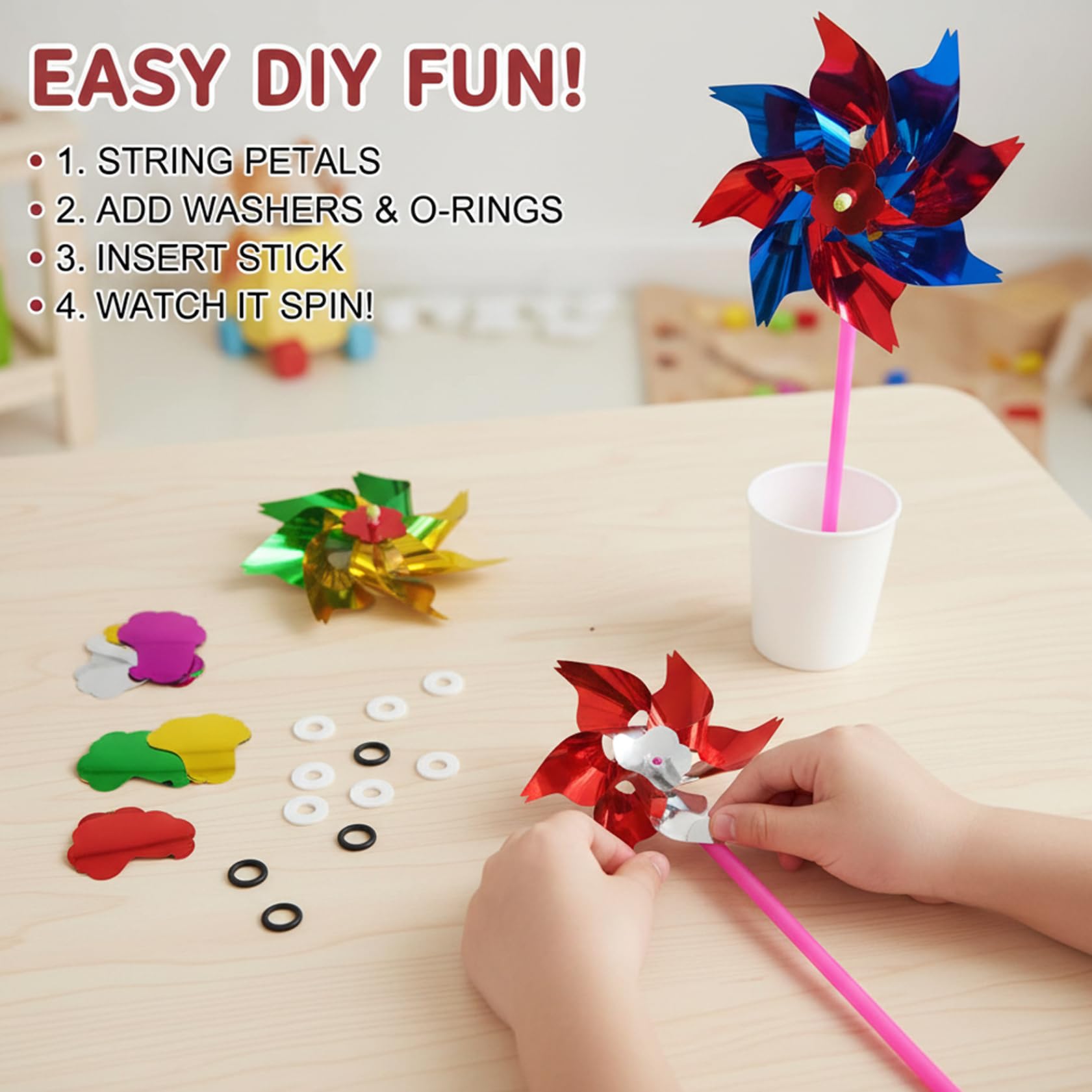 Molinillos de Viento para niños 200 Piezas de molinetes de Bricolaje para niños, Coloridos molinillos de Viento de plástico, decoración de Fiesta de jardín al Aire Libre, Mini Actividades de Aula a